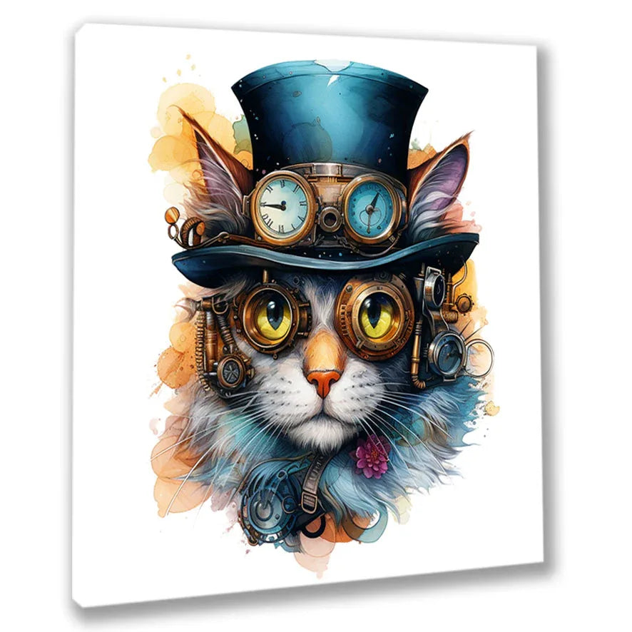 Wandbild Katzenkopf 8 Steampunk Kunstdruck auf Leinwand direkt zum Aufhängen | Wandbild Galerie