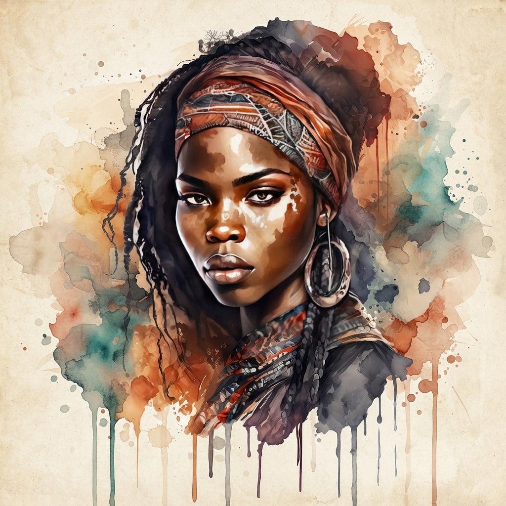 Afrikanerin Nr. 8 – Portrait mit Stirnband und Creolen Aquarell Kunstdruck auf Leinwand
