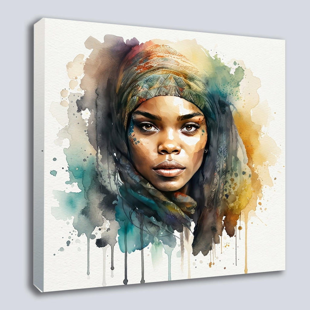 Afrikanerin Nr. 9 – Portrait mit gemustertem Stirnband Aquarell Kunstdruck auf Leinwand