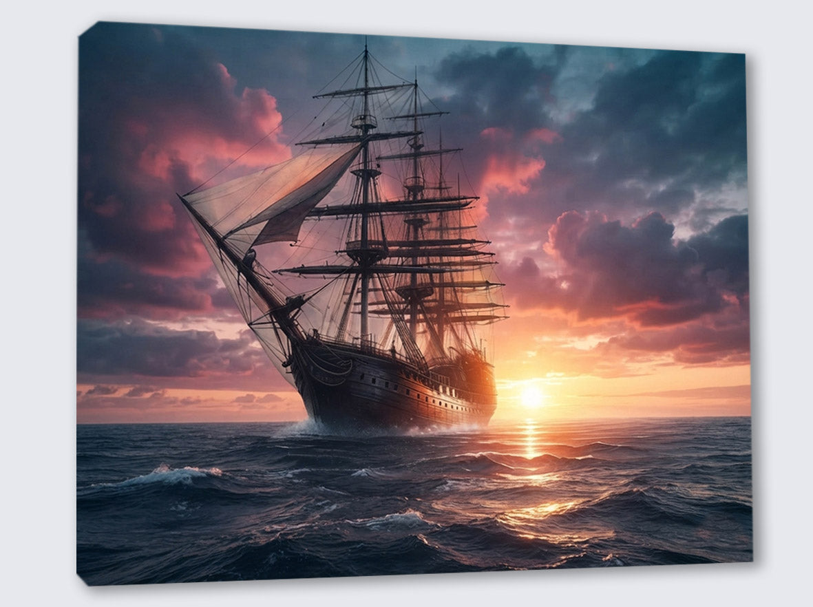 Wandbild Segelschiff Antik Vollschiff Sonnenuntergang Gegenlicht Dramatische Wolken Kunstdruck auf Leinwand