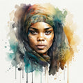 Afrikanerin Nr. 9 – Portrait mit gemustertem Stirnband Aquarell Kunstdruck auf Leinwand