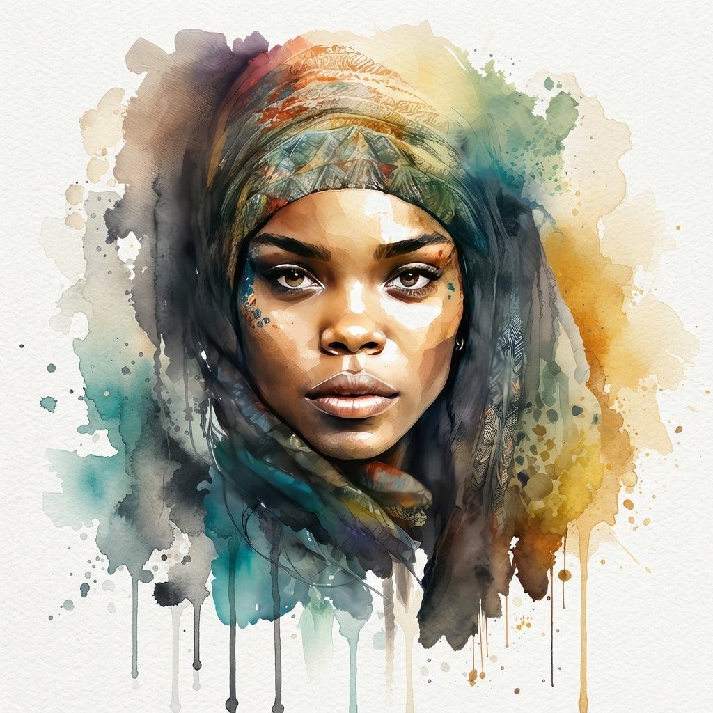 Afrikanerin Nr. 9 – Portrait mit gemustertem Stirnband Aquarell Kunstdruck auf Leinwand