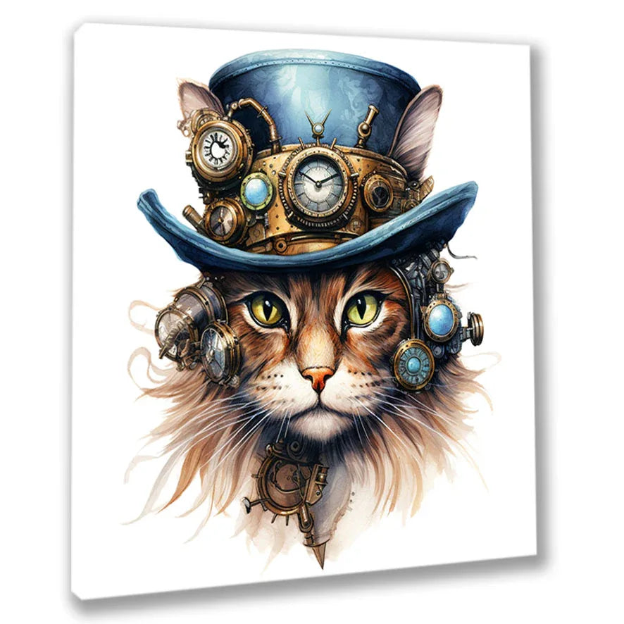 Wandbild Katzenkopf 9 Steampunk Kunstdruck auf Leinwand direkt zum Aufhängen | Wandbild Galerie