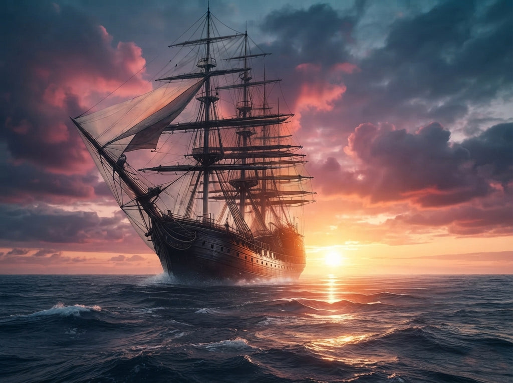 Wandbild Segelschiff Antik Vollschiff Sonnenuntergang Gegenlicht Dramatische Wolken Kunstdruck auf Leinwand