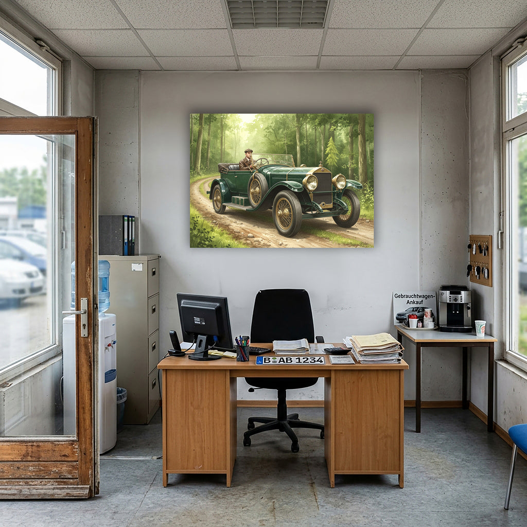 Wandbild Oldtimer Grüner Tourenwagen Fahrer Waldweg Sonnenlicht Kunstdruck auf Leinwand