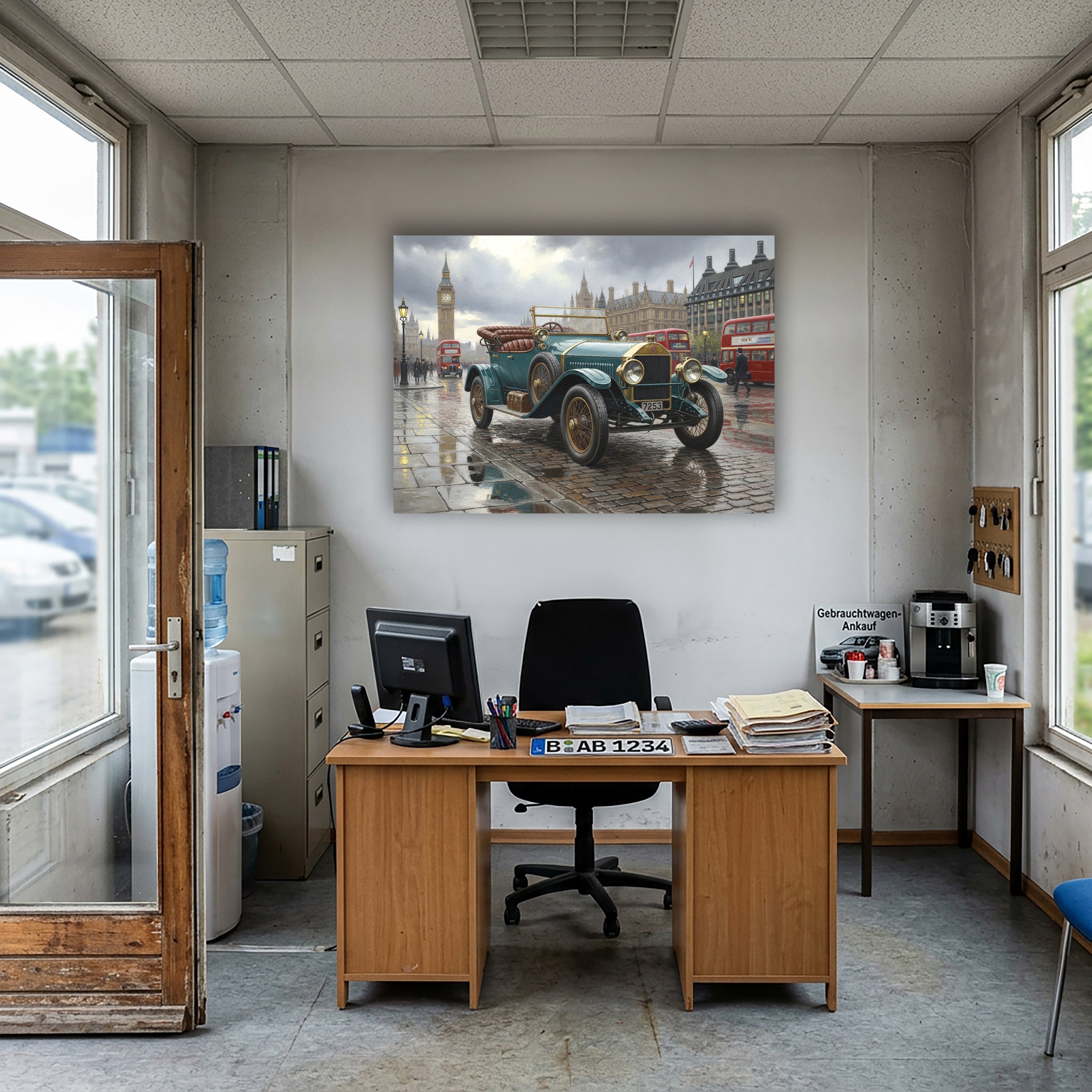 Wandbild Oldtimer Roter Cabriolet Art Déco Paris Eiffelturm Abendlicht Kunstdruck auf Leinwand