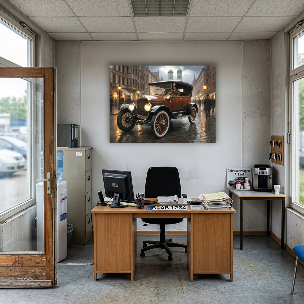 Wandbild Oldtimer Brauner Tourenwagen Fahrer München Frauenkirche Kaiserzeit Kunstdruck auf Leinwand