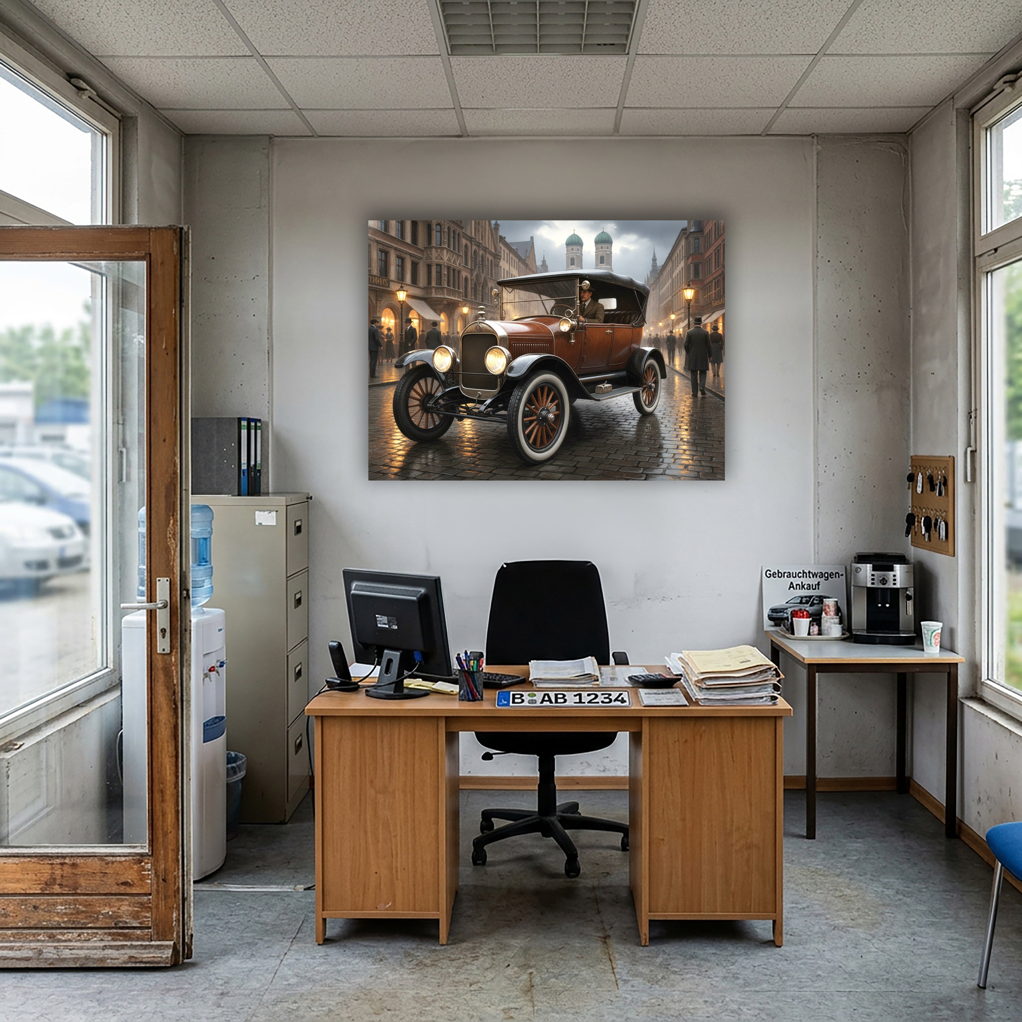 Wandbild Oldtimer Brauner Tourenwagen Fahrer München Frauenkirche Kaiserzeit Kunstdruck auf Leinwand