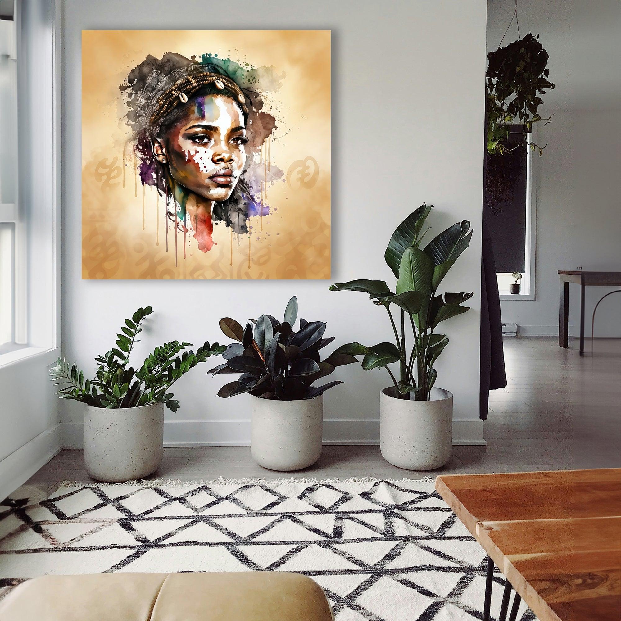 Afrikanerin Nr. 4 – Portrait mit Kaurimuscheln Aquarell Kunstdruck auf Leinwand