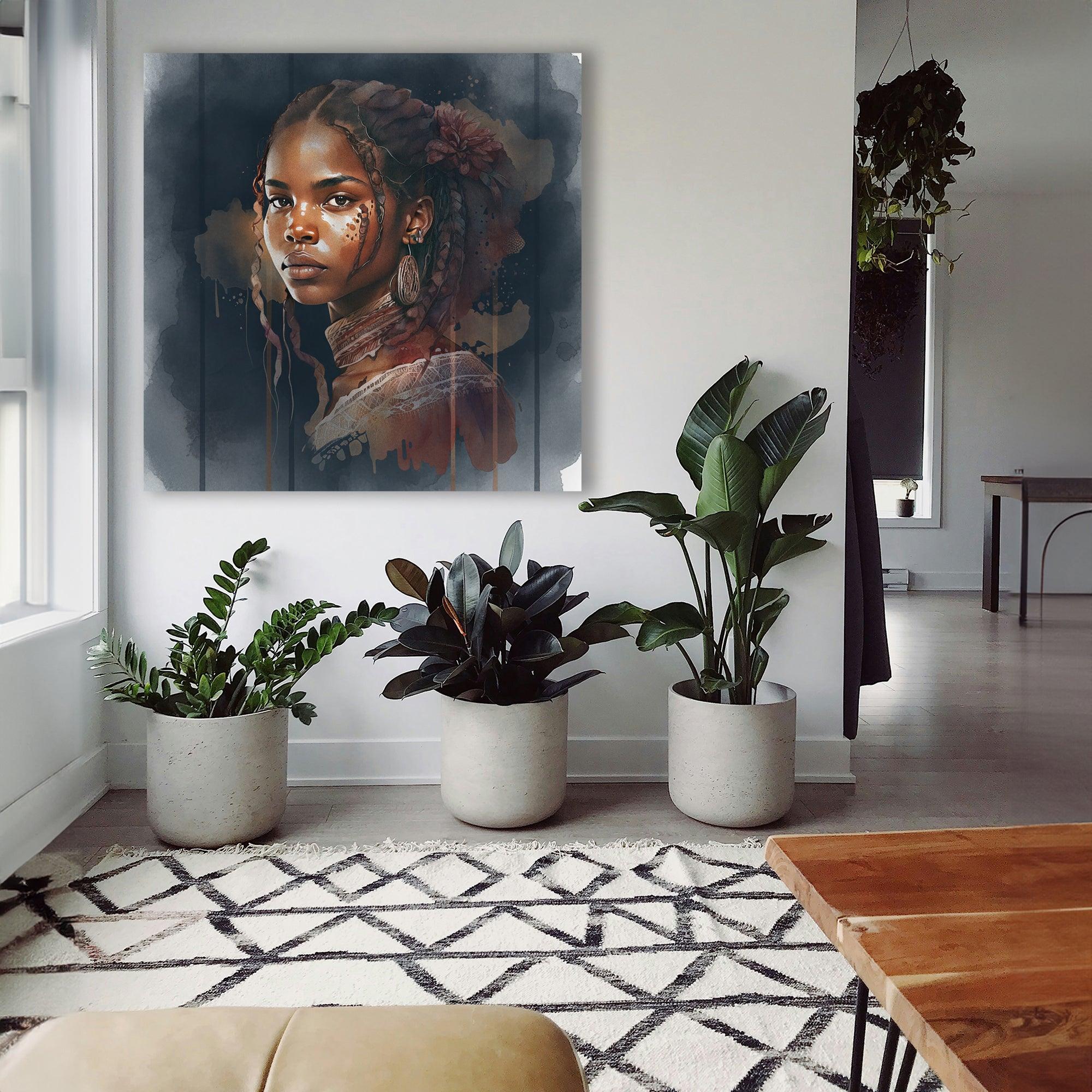 Afrikanerin Portrait mit Zöpfen, Blume und Creolen Aquarell