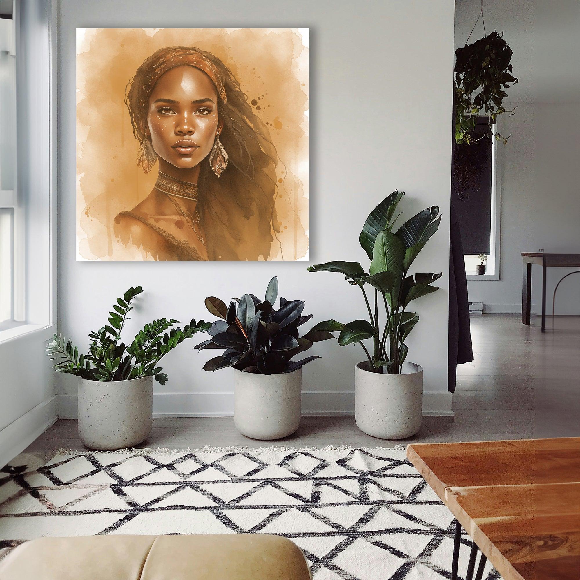 Wandbild Afrikanerin Portrait mit Federohrrringen und Choker