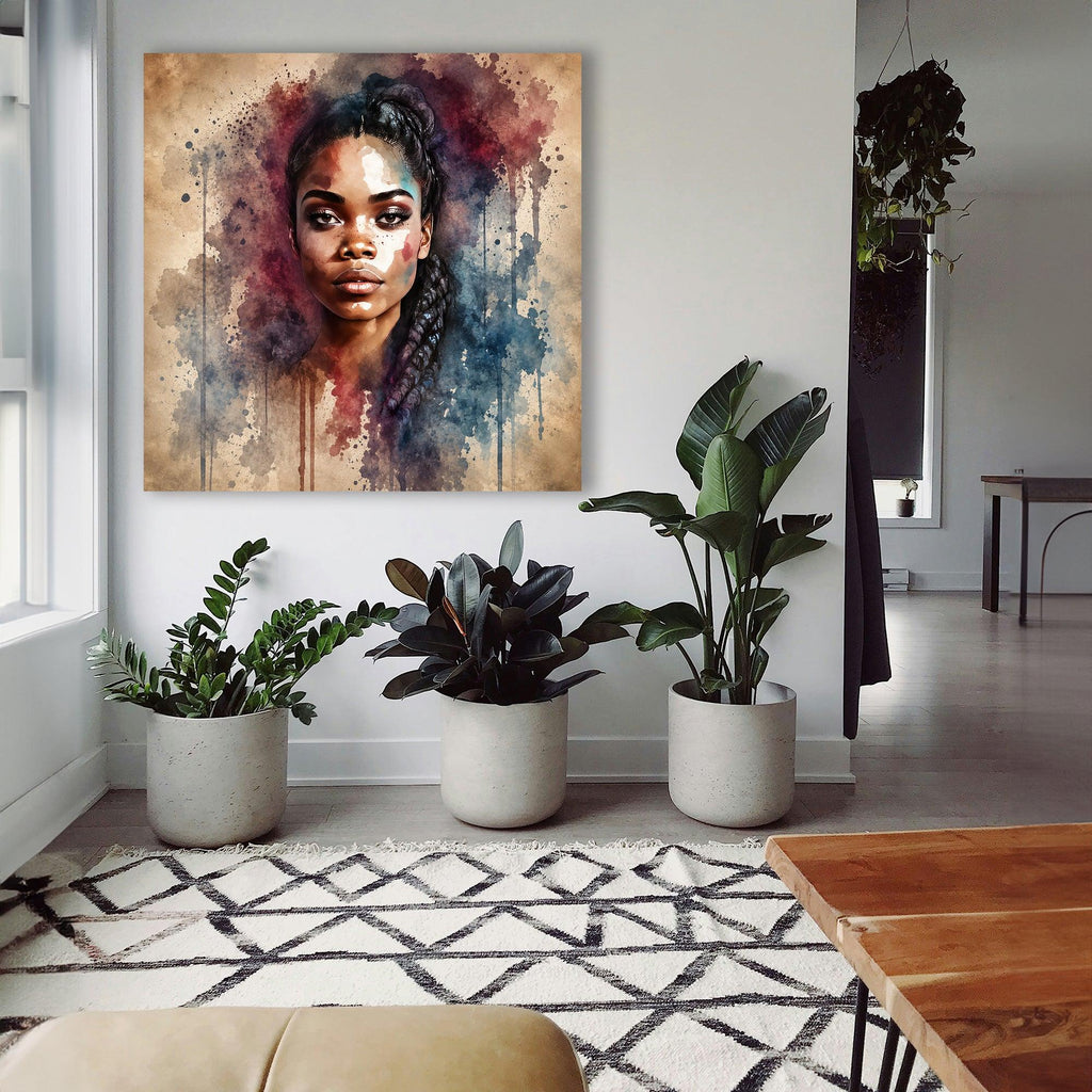 Afrikanerin Nr. 5 – Portrait mit Zöpfen Aquarell Kunstdruck auf Leinwand