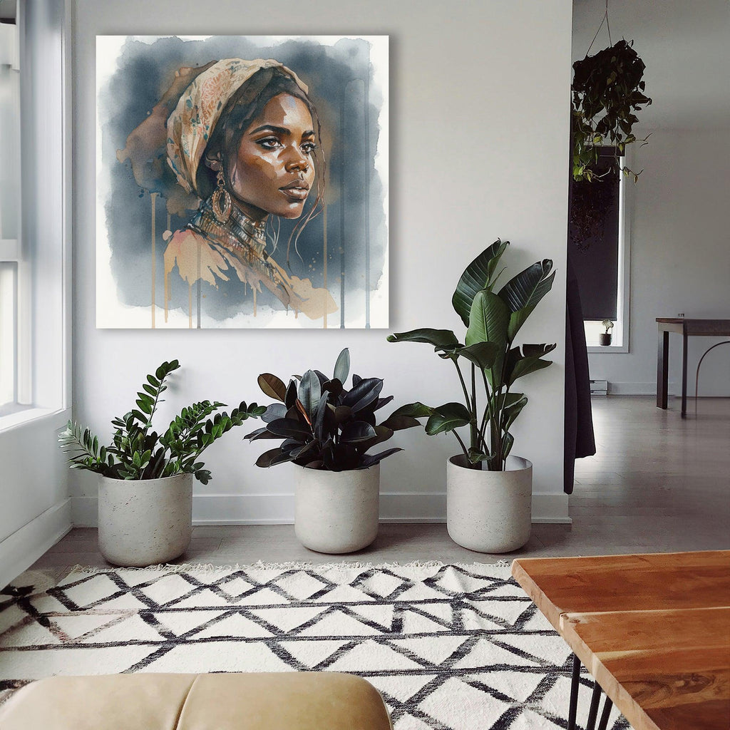 Afrikanerin Portrait mit Kopftuch, Creolen und Halsschmuck Aquarell