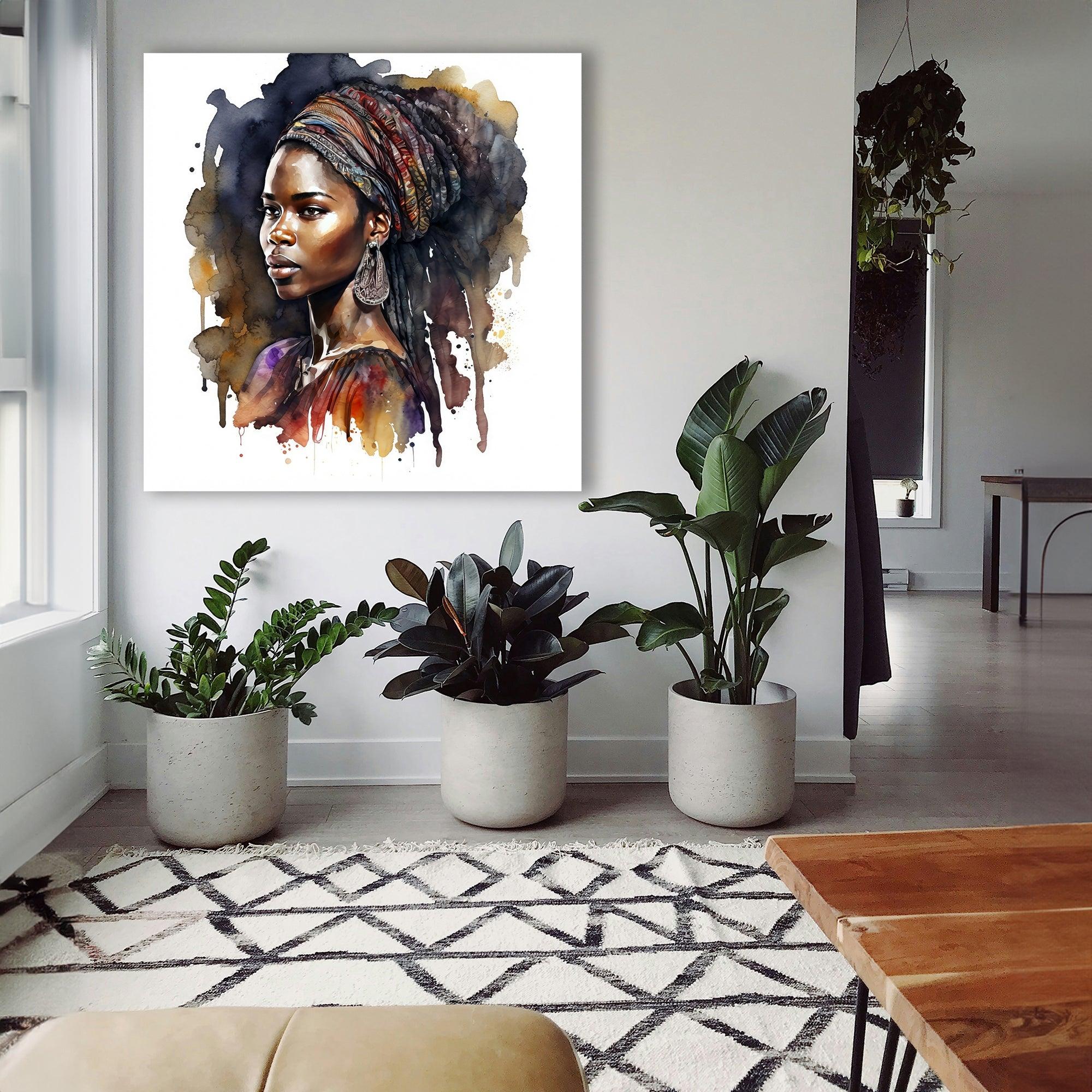Afrikanerin Portrait mit buntem Turban und Creolen Aquarell