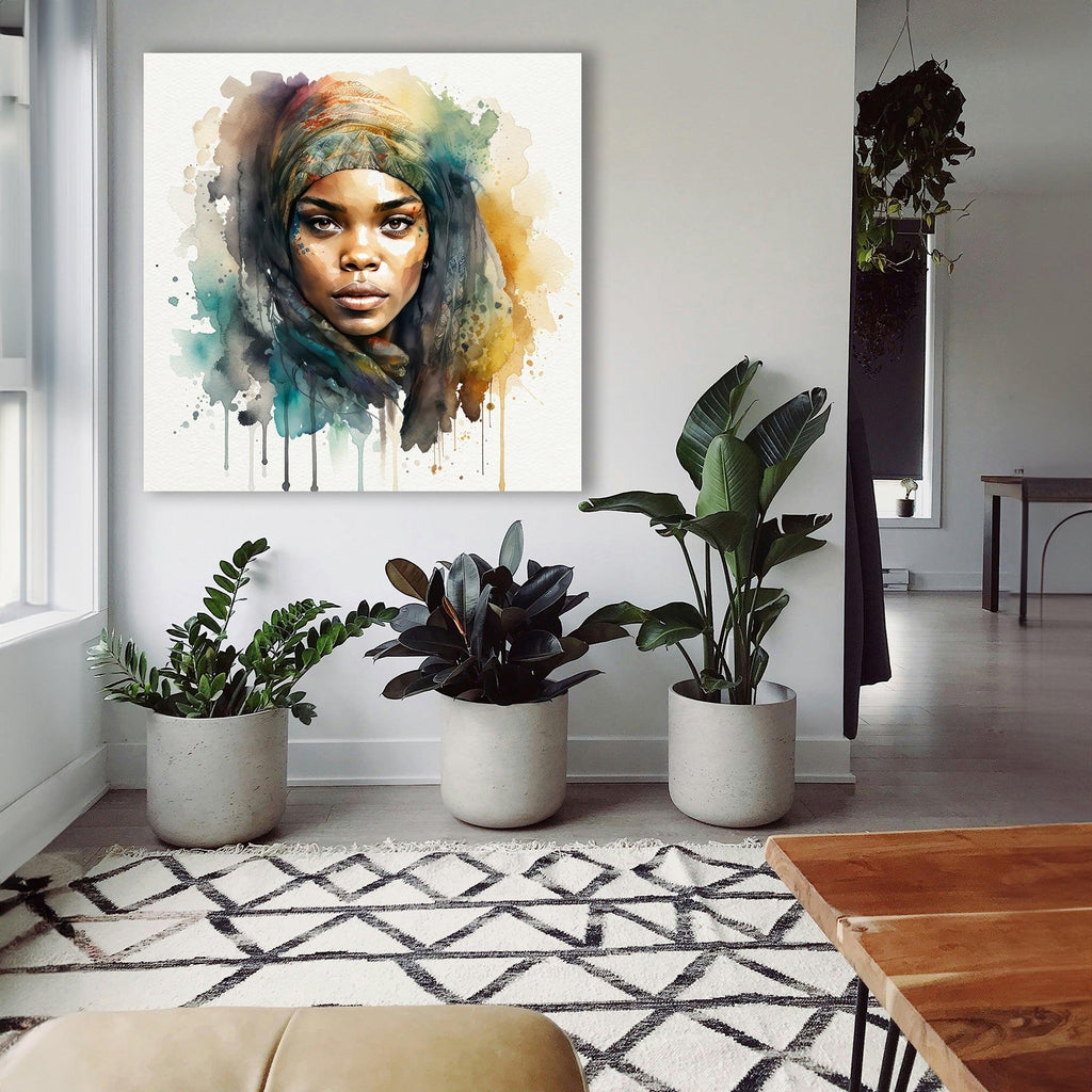 Afrikanerin Nr. 9 – Portrait mit gemustertem Stirnband Aquarell Kunstdruck auf Leinwand
