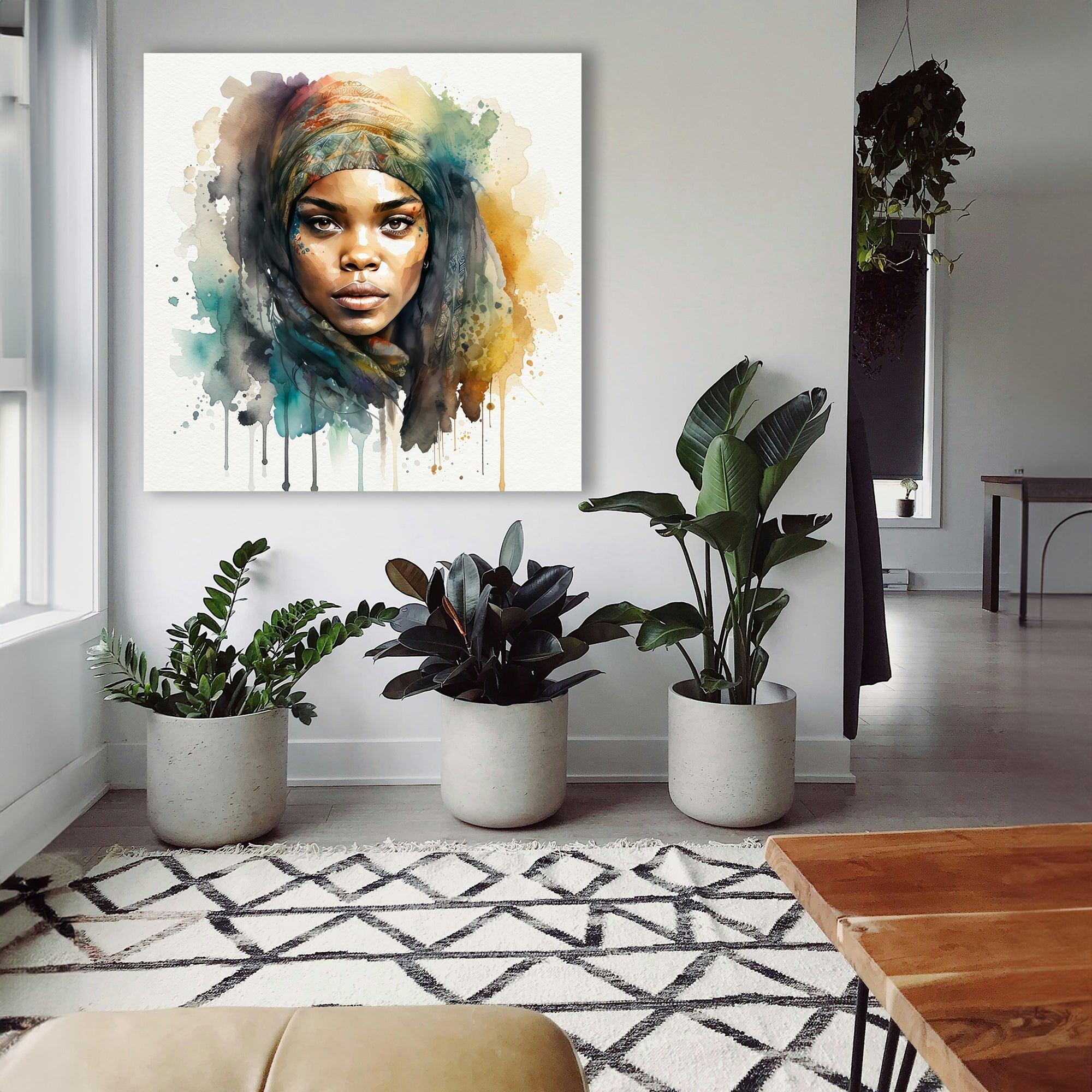 Afrikanerin Nr. 9 – Portrait mit gemustertem Stirnband Aquarell Kunstdruck auf Leinwand