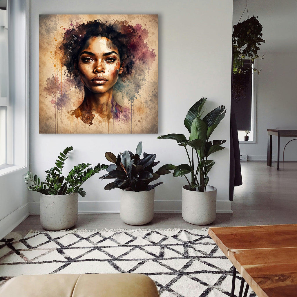 Afrikanerin Nr. 2 – Portrait mit Locken Aquarell Kunstdruck auf Leinwand