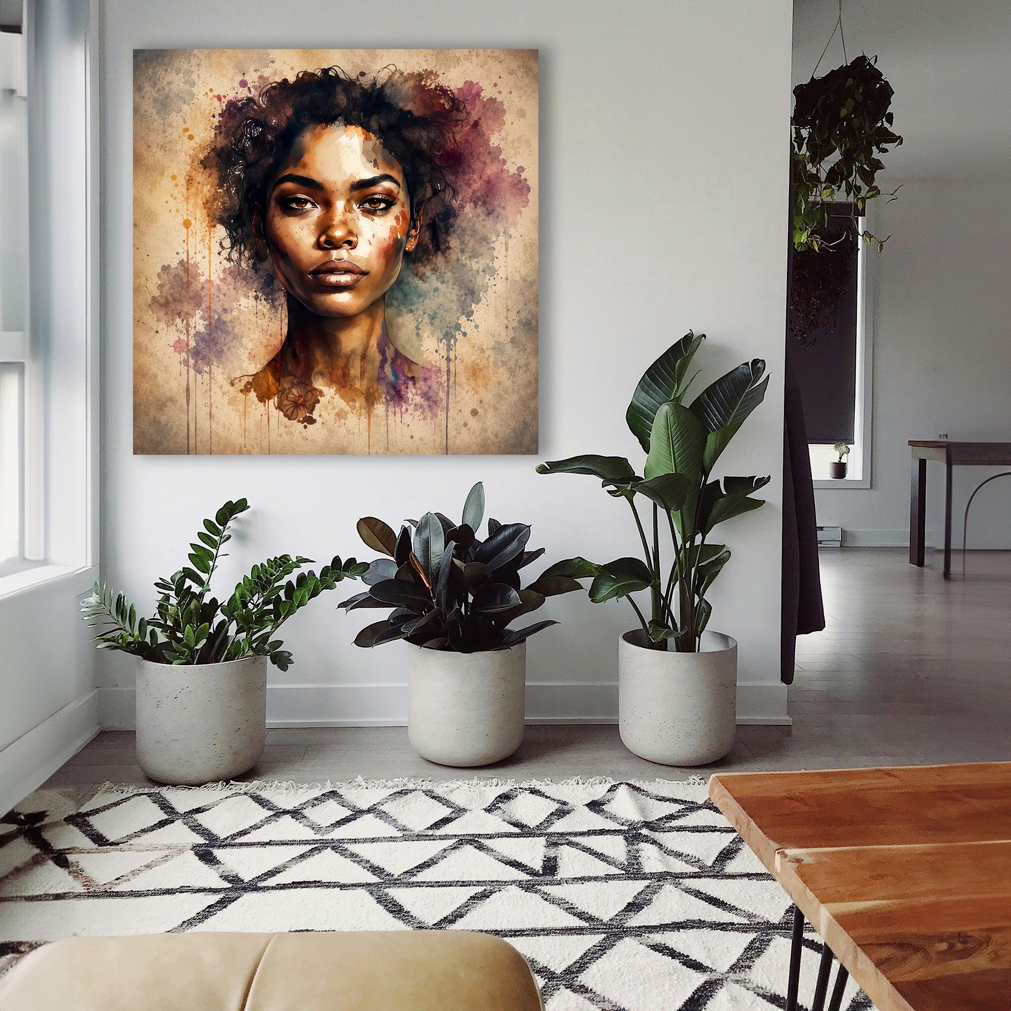 Afrikanerin Nr. 2 – Portrait mit Locken Aquarell Kunstdruck auf Leinwand