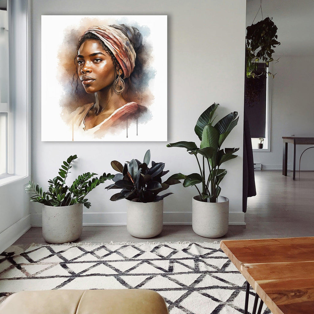 Afrikanerin Portrait mit gestreiftem Kopftuch und Creolen Aquarell