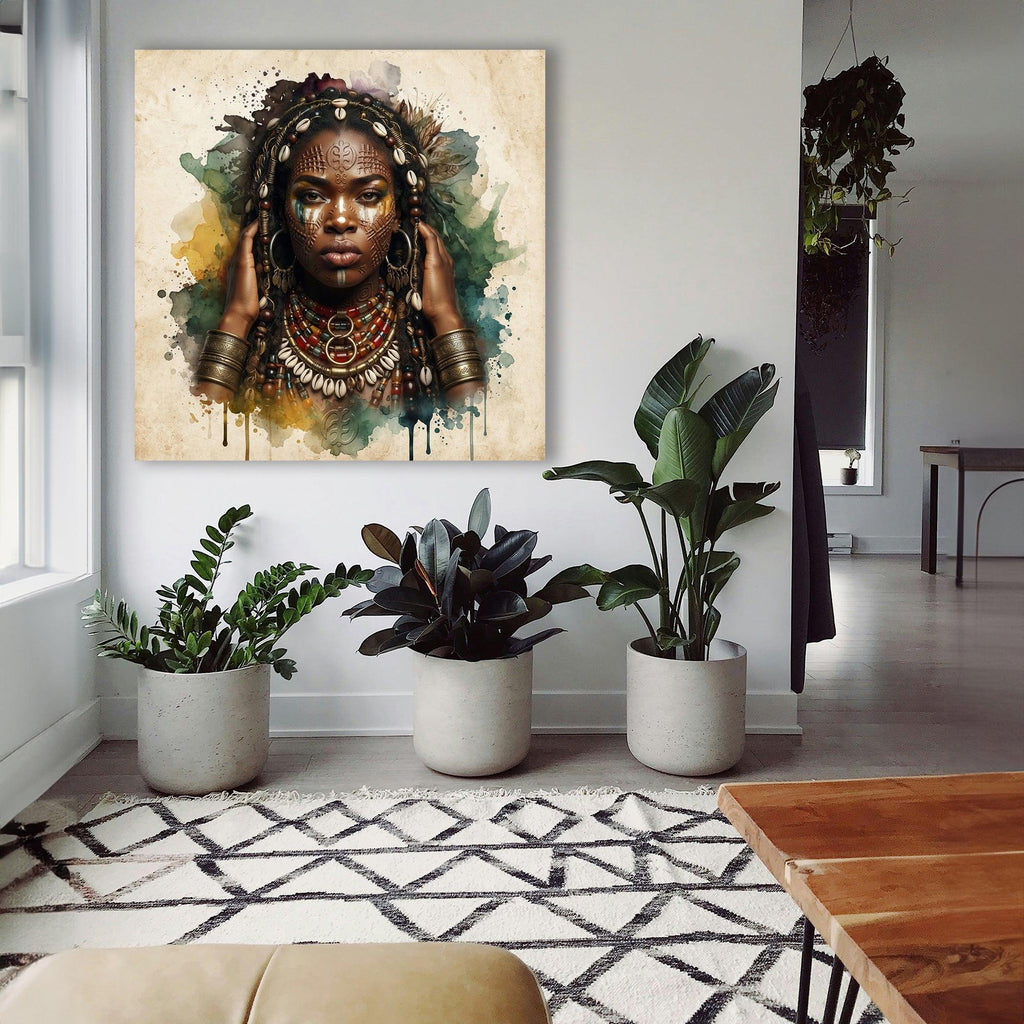Afrikanerin Nr. 6 – Stammeskönigin mit Schmuck Aquarell Kunstdruck auf Leinwand