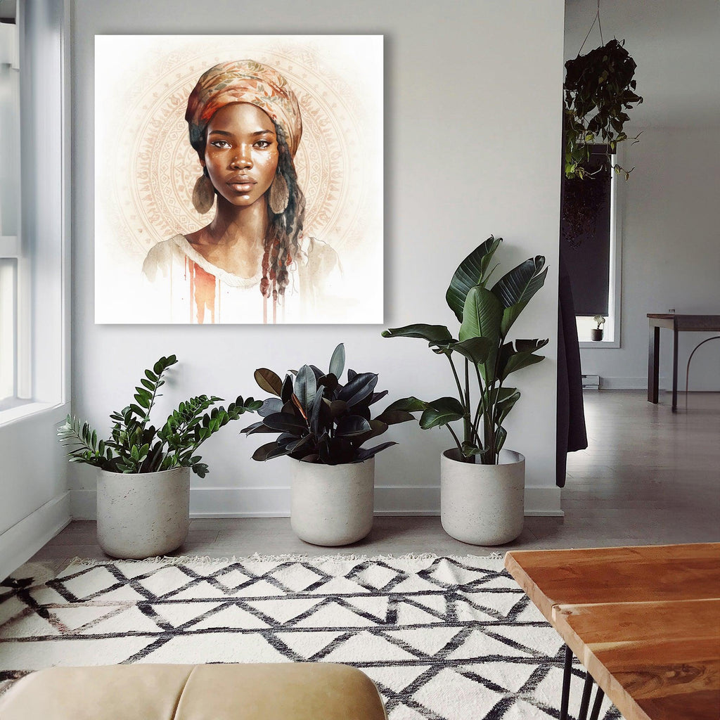 Wandbild Afrikanerin Portrait mit Blumenkopftuch und Creolen