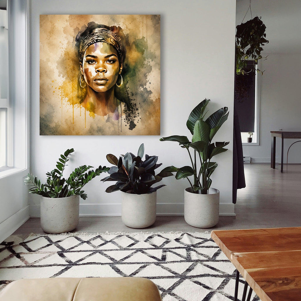 Afrikanerin Nr. 3 – Portrait mit Kopftuch Aquarell Kunstdruck auf Leinwand