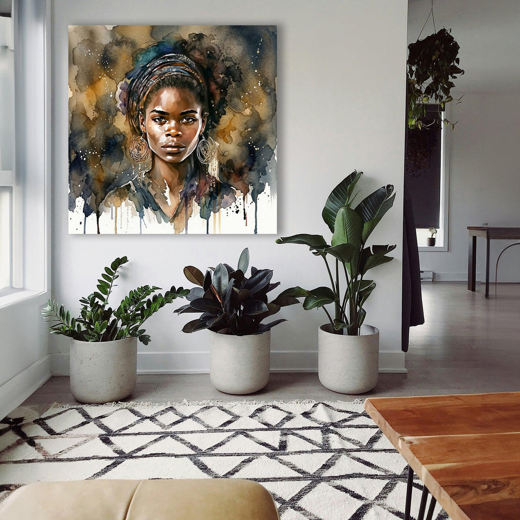 Afrikanerin Nr. 12 – Portrait mit Goldcreolen Aquarell Kunstdruck auf Leinwand
