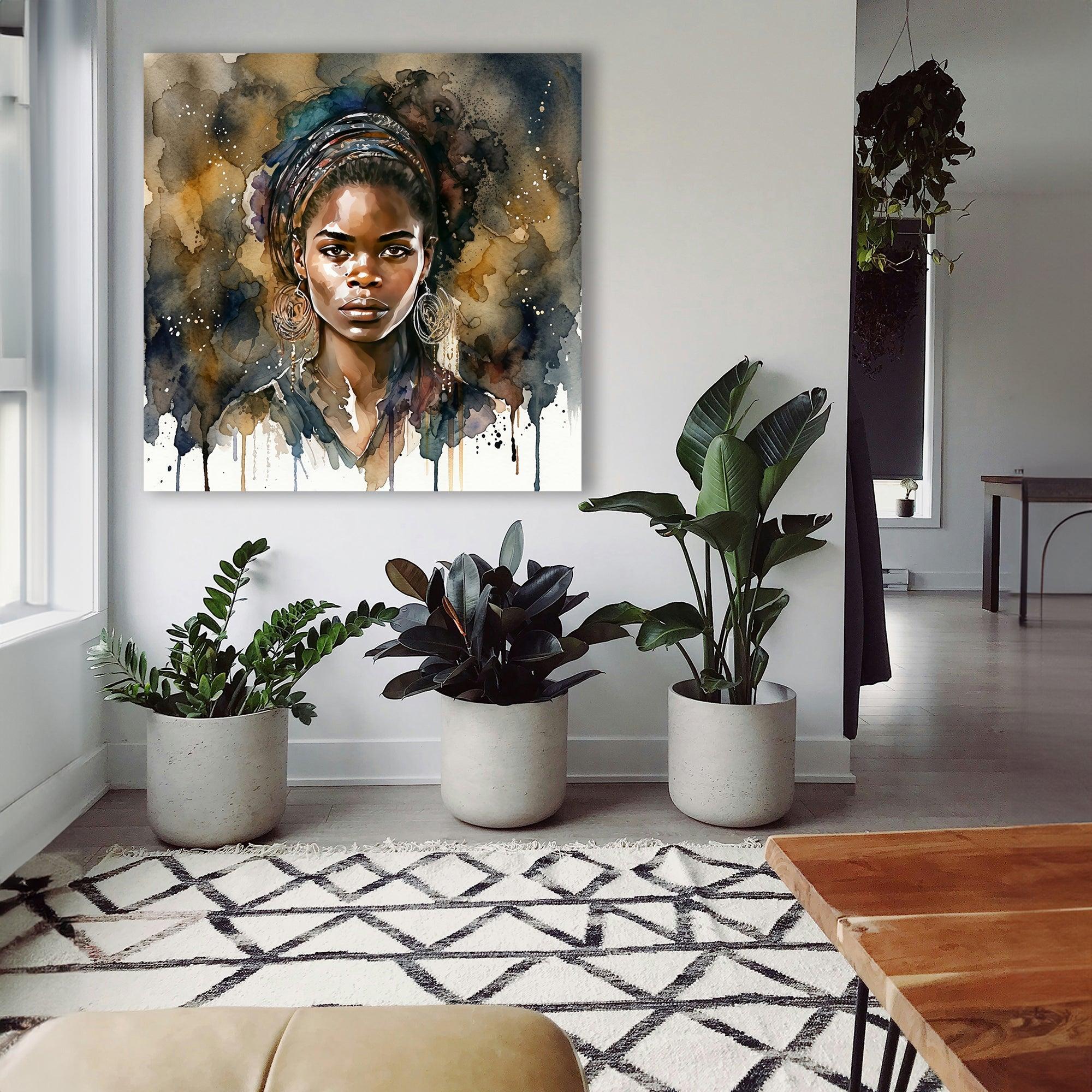 Afrikanerin Nr. 12 – Portrait mit Goldcreolen Aquarell Kunstdruck auf Leinwand