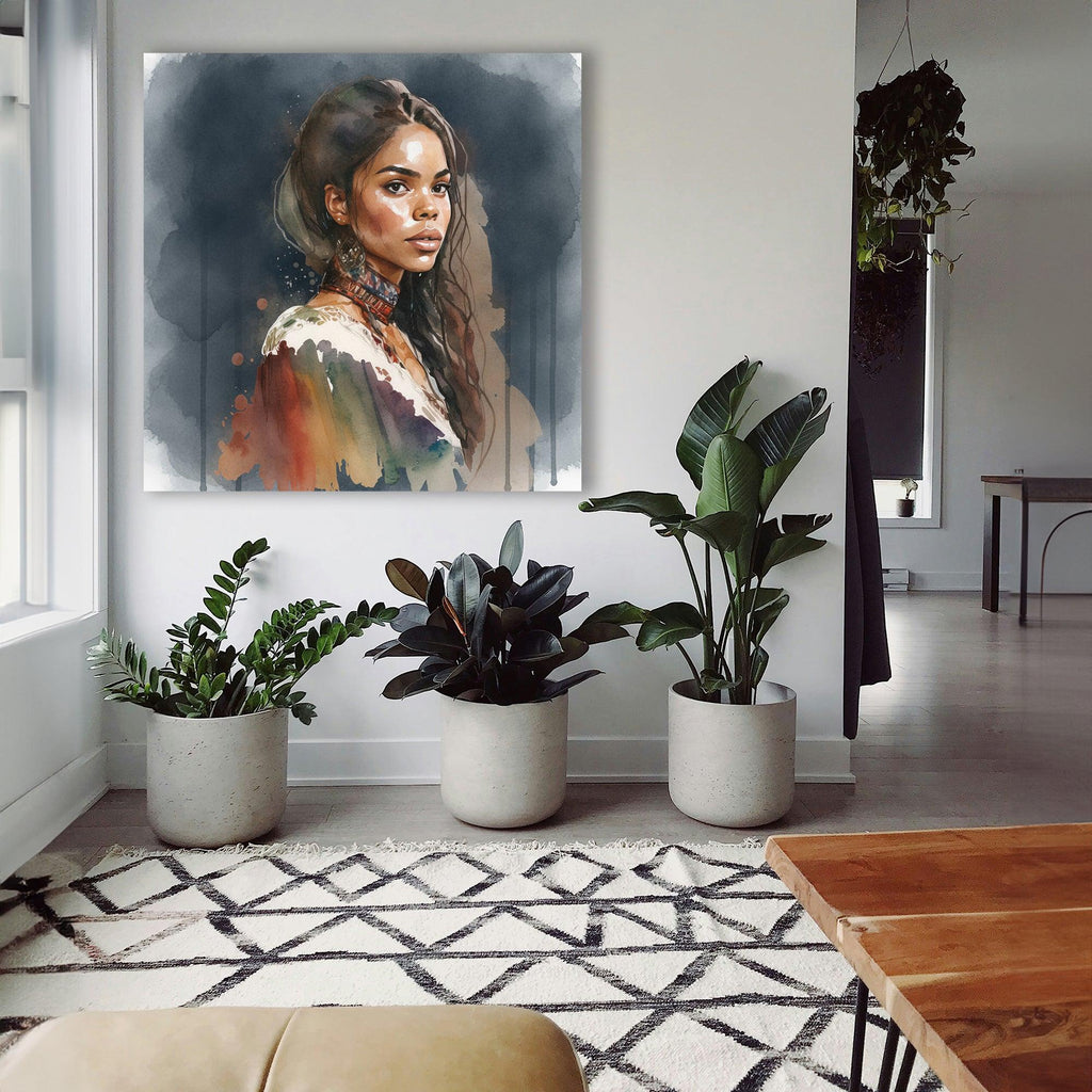 Afrikanerin Portrait mit offenem Haar und Halsband Aquarell