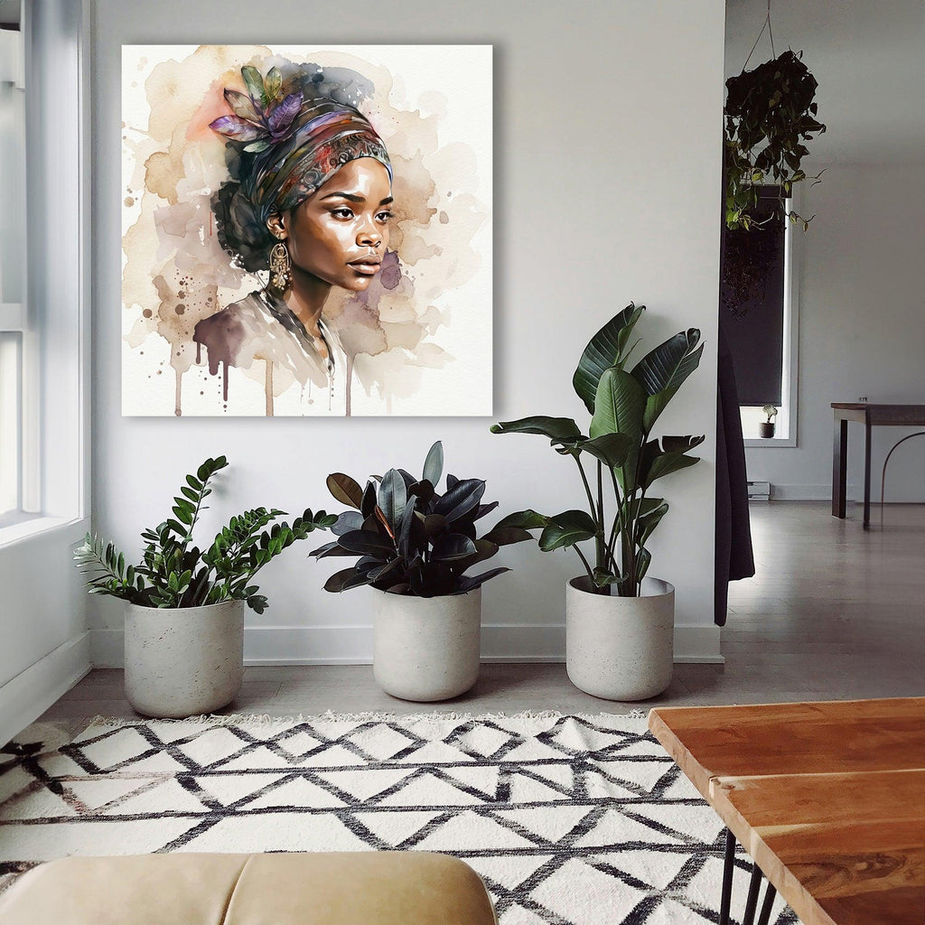 Afrikanerin Nr. 10 – Portrait mit Turban und Blattschmuck Aquarell Kunstdruck auf Leinwand