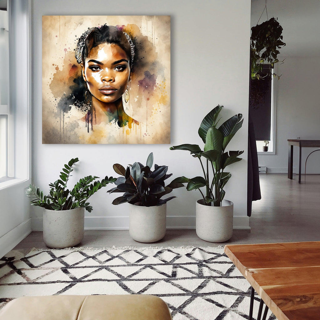 Afrikanerin Nr. 1 – Portrait mit Haarschmuck Aquarell Kunstdruck auf Leinwand