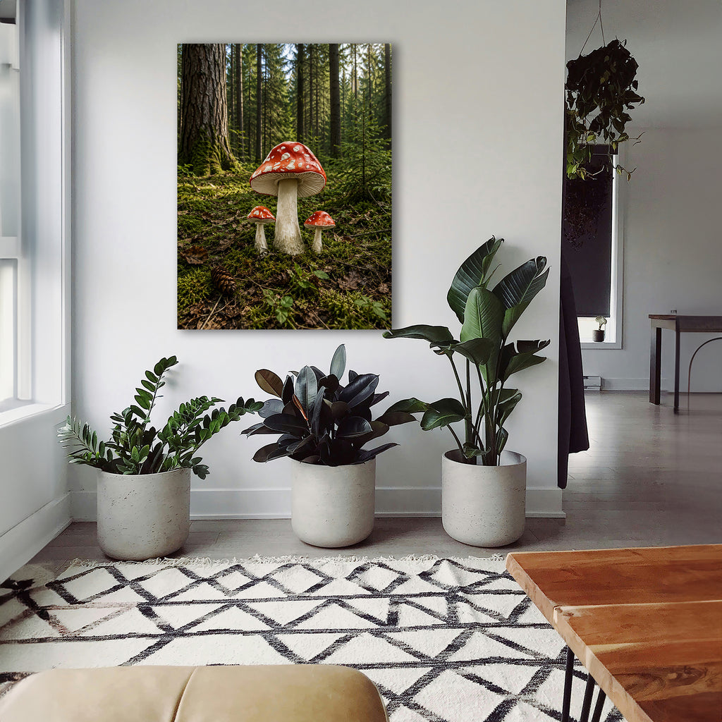 Wandbild Waldpilz Drei Fliegenpilze Moosiger Waldboden Nadelwald Kunstdruck auf Leinwand