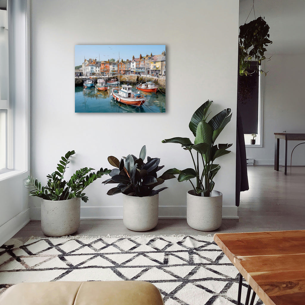 Wandbild Fischerboot Hafen Oranges Hochhaus Fünf Boote Segelmasten Fahrräder Kai Kunstdruck auf Leinwand