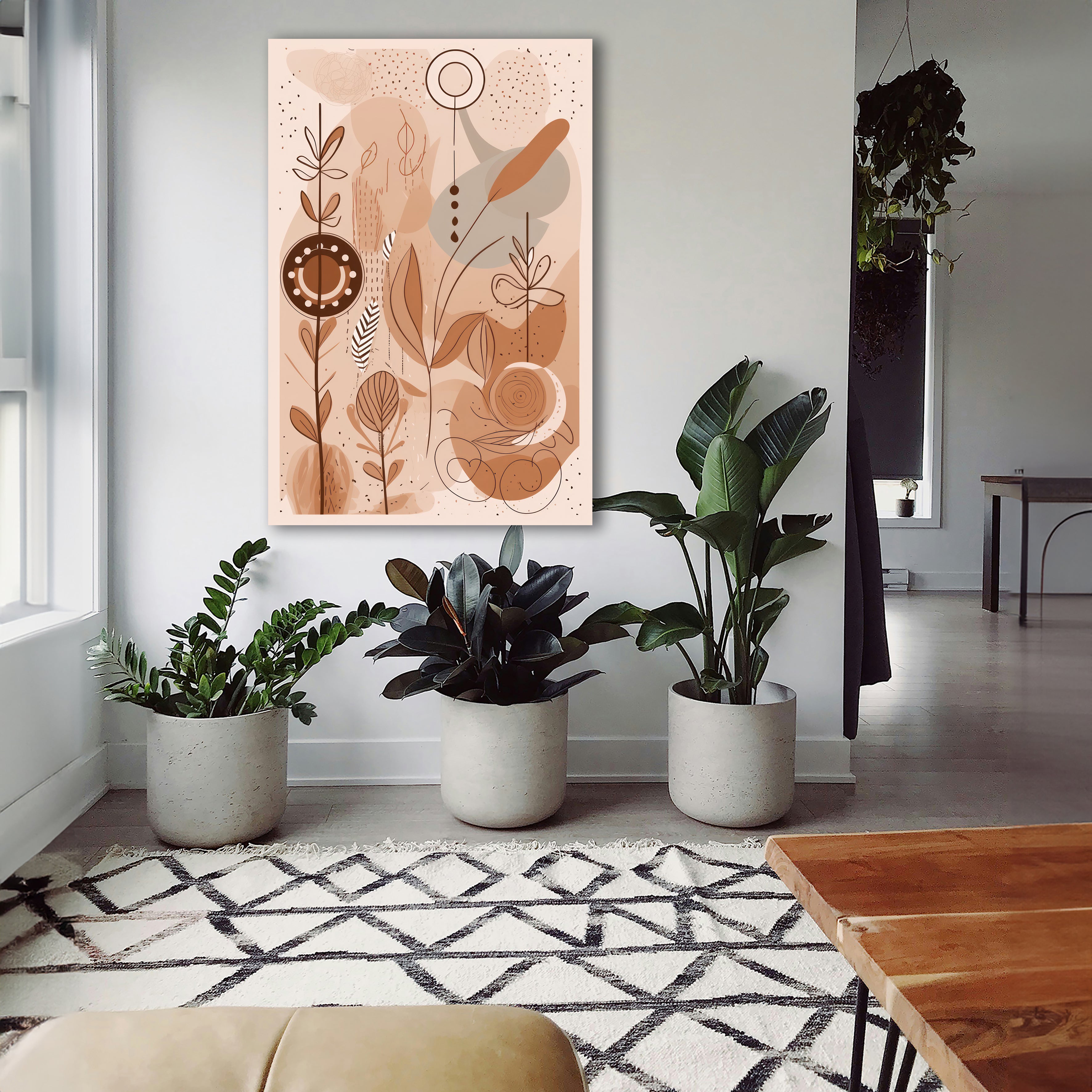 Wandbild Boho Art Linienpflanzen Feder Spiralen Beige Terrakotta Kunstdruck auf Leinwand