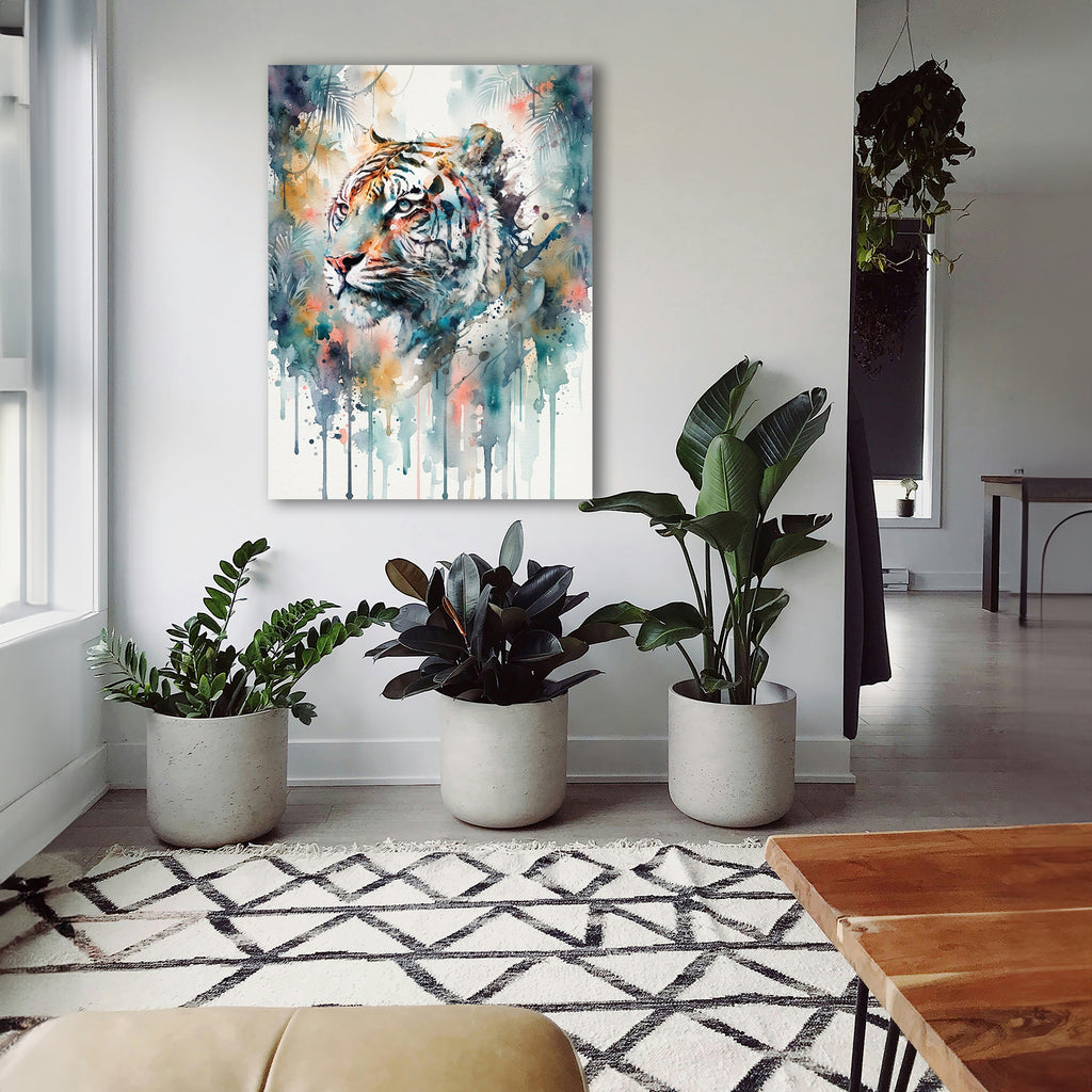 Wandbild Tiger Weißer Tiger Aquarell Farbspritzer Dschungel Kunstdruck auf Leinwand