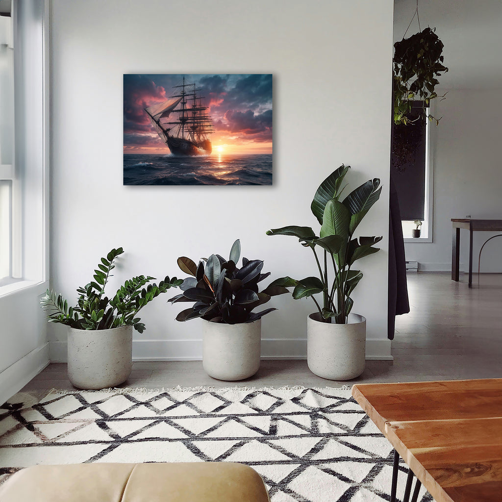 Wandbild Segelschiff Antik Vollschiff Sonnenuntergang Gegenlicht Dramatische Wolken Kunstdruck auf Leinwand