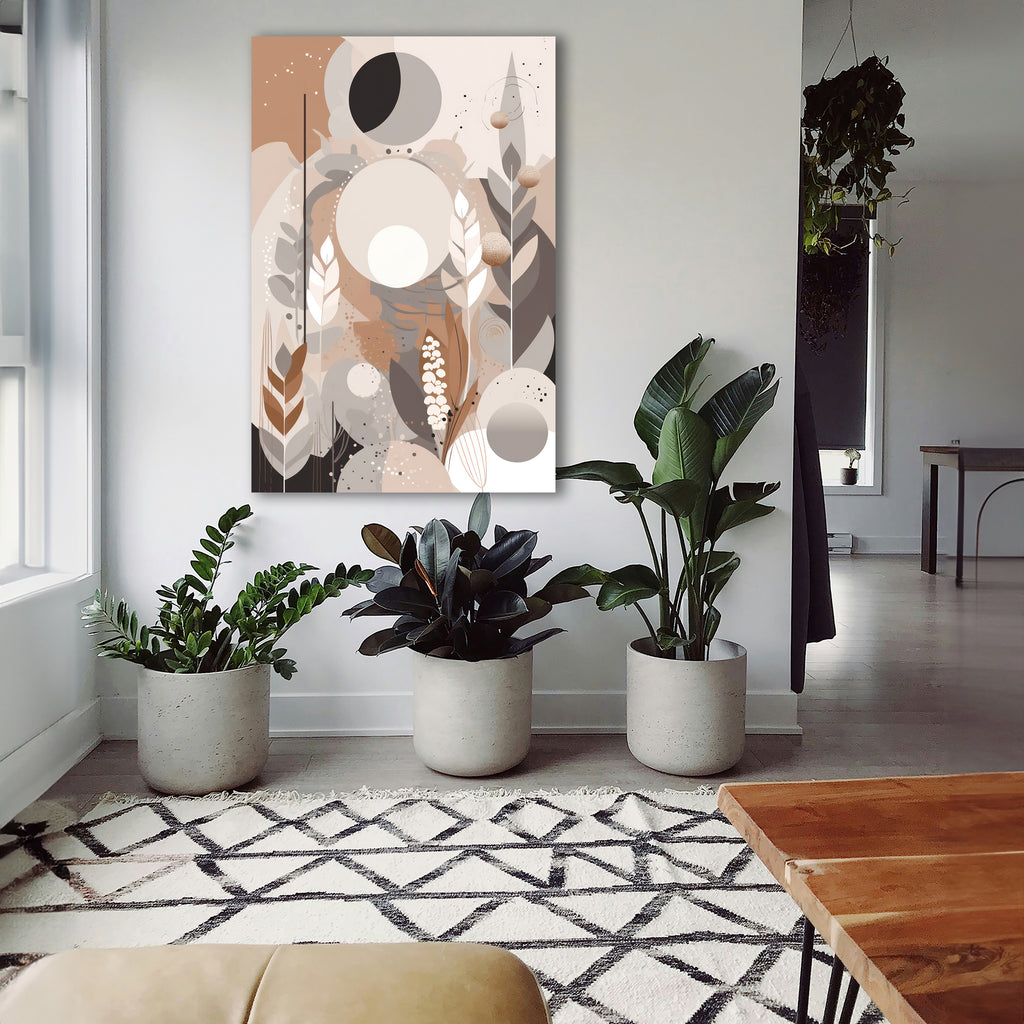 Wandbild Boho Art Mondphasen Blätter Abstrakt Beige Grau Kunstdruck auf Leinwand