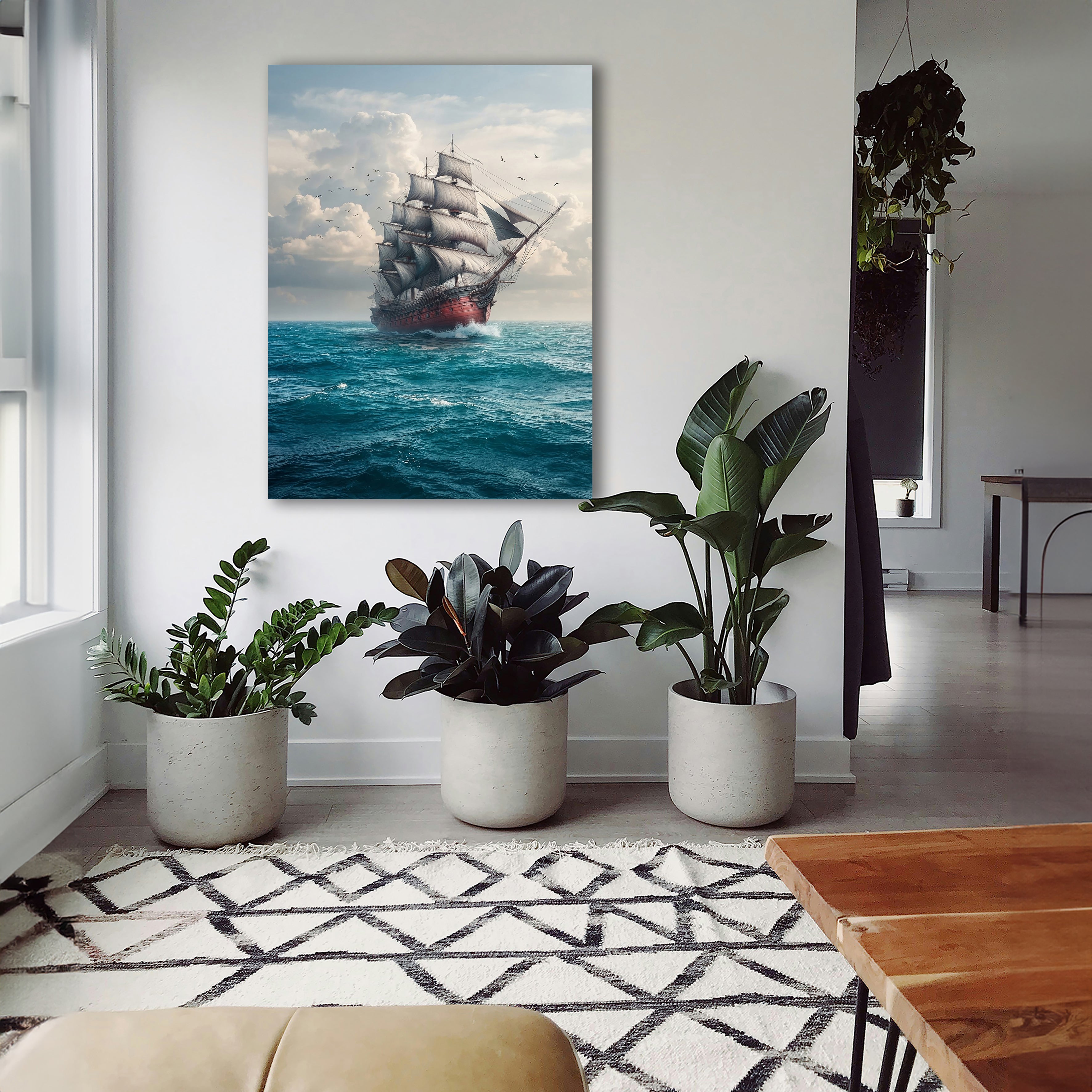 Wandbild Segelschiff Antik Roter Rumpf Volle Segel Möwen Kunstdruck auf Leinwand