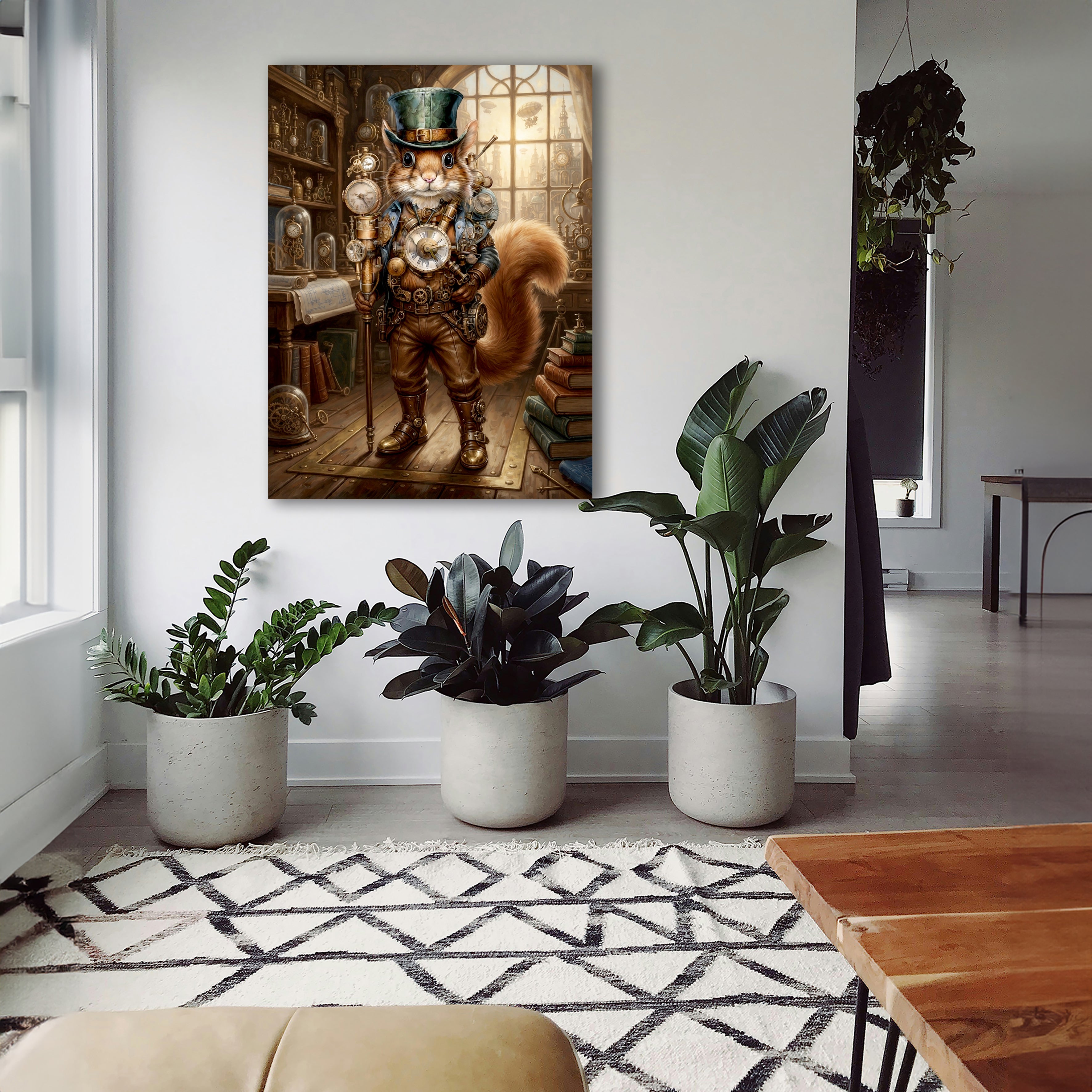 Wandbild Eichhörnchen Steampunk Uhrmacher Grüner Zylinder Uhrenatelier Kunstdruck auf Leinwand
