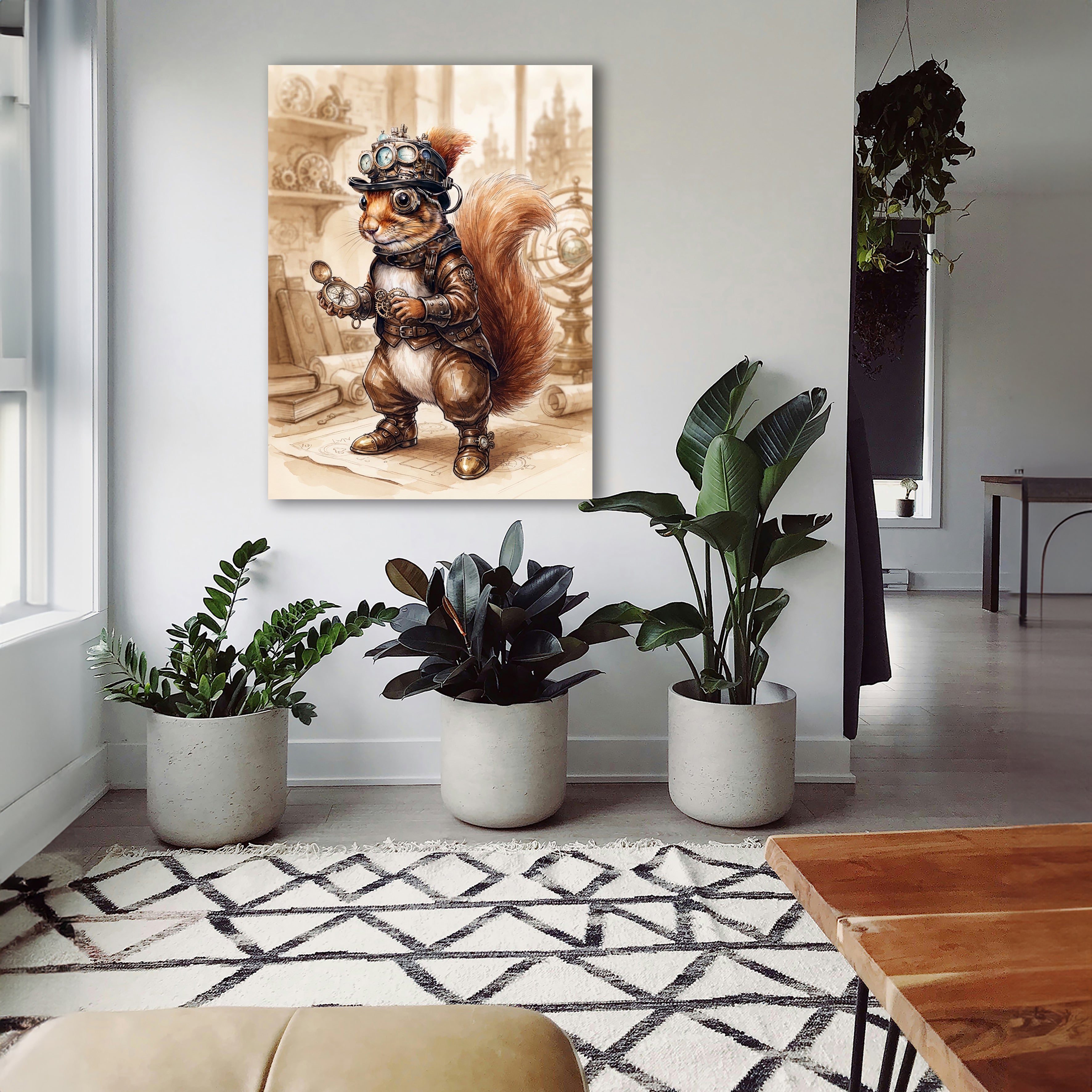 Wandbild Eichhörnchen Steampunk Abenteurer Kompass Aquarell Sepia Kunstdruck auf Leinwand