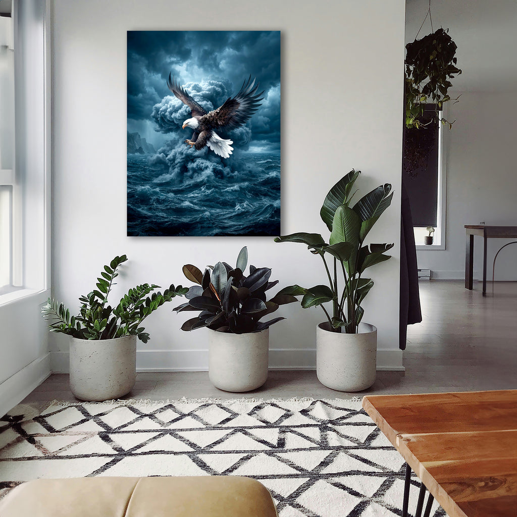 Wandbild Adler Seitenflug Sturmwolke Hochsee Brandung Blaue Stimmung Kunstdruck auf Leinwand