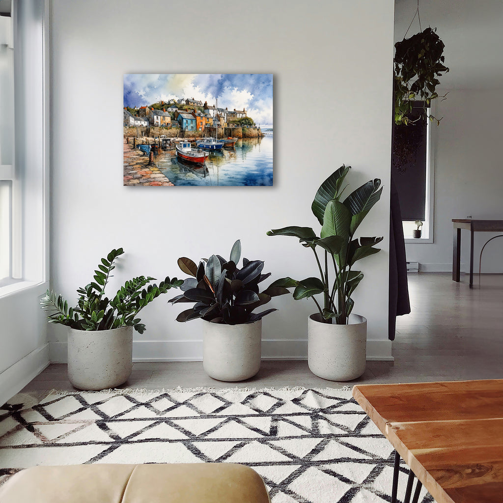 Wandbild Fischerboot Hafen Aquarell Bunte Häuser Kopfsteinpflaster Kunstdruck auf Leinwand
