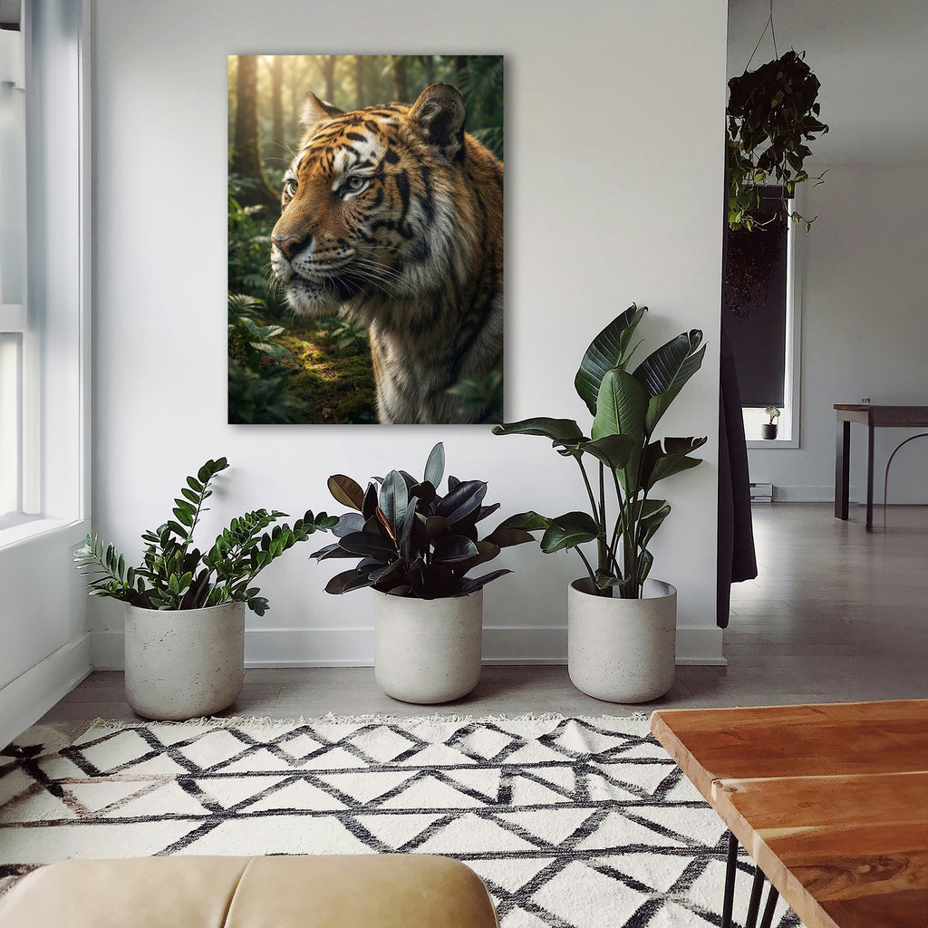 Wandbild Tiger Nahaufnahme Seitenprofil Seitenblick Dschungel Sonnenlicht Kunstdruck auf Leinwand