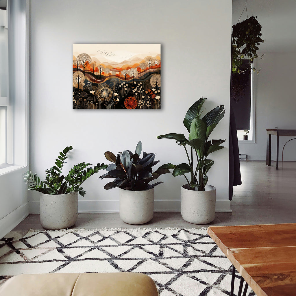 Wandbild Boho Art Herbstlandschaft Wildblumen Wellen Illustrationsstil Kunstdruck auf Leinwand
