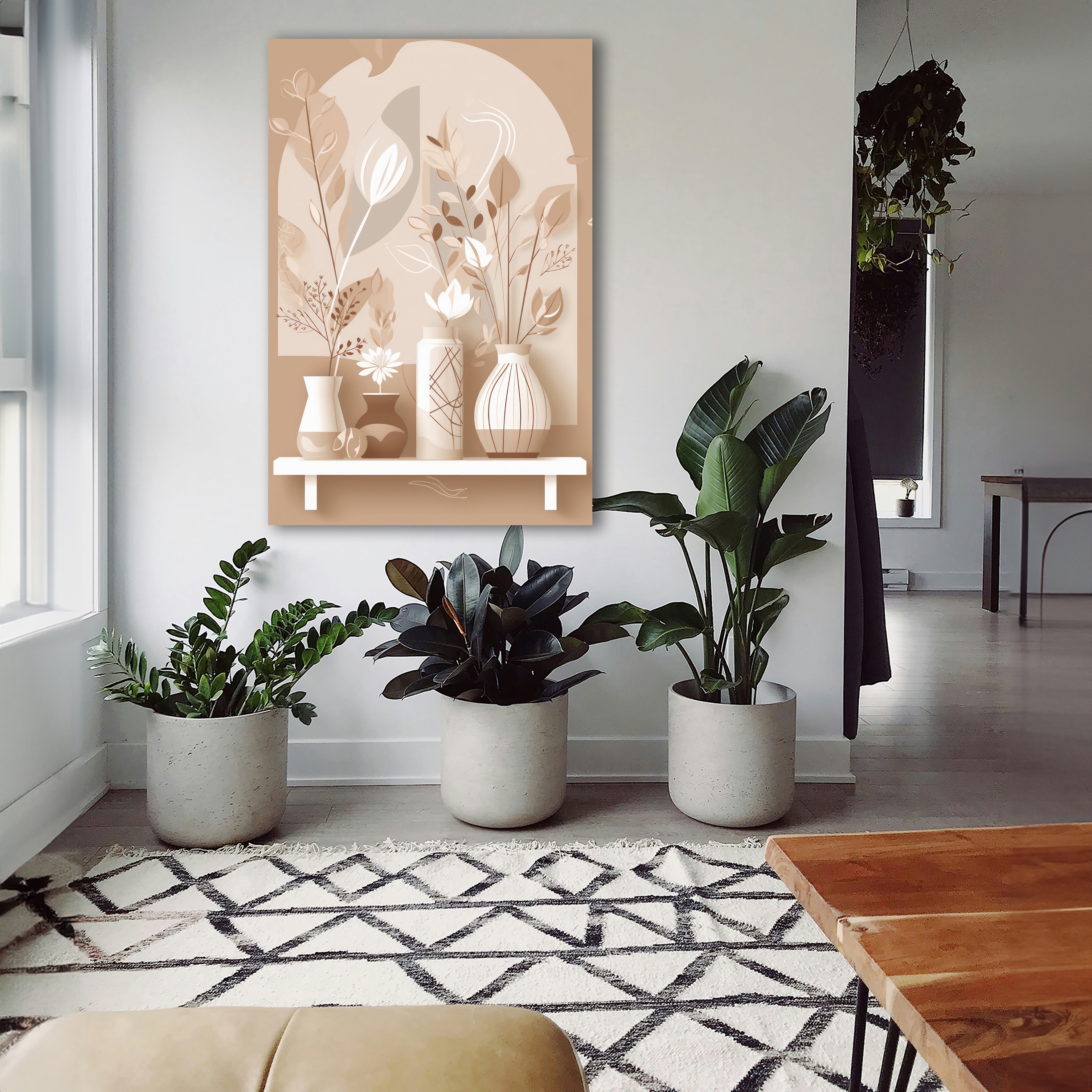 Wandbild Boho Art Vasen Stillleben Trockenblumen Beige Kunstdruck auf Leinwand