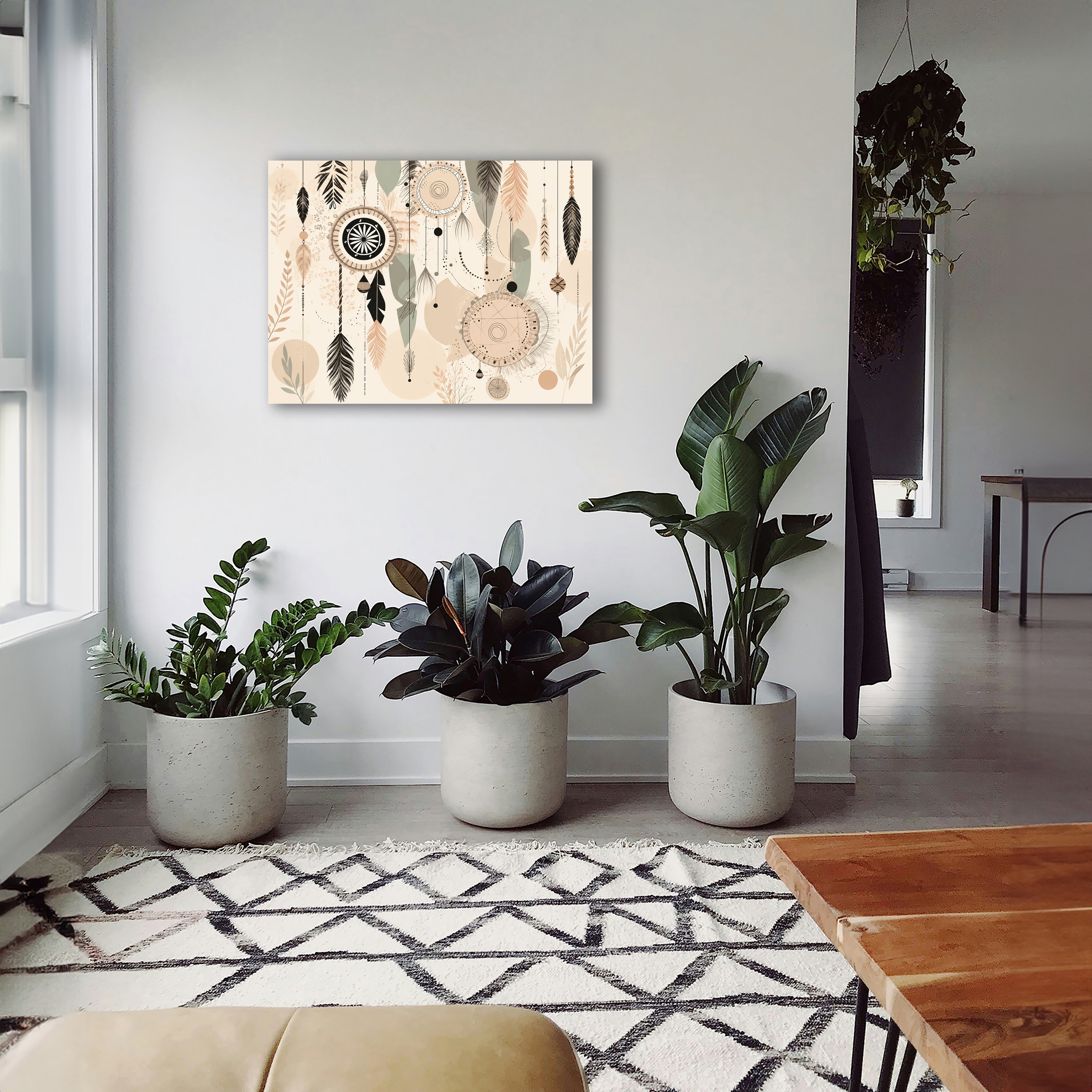 Wandbild Boho Art Traumfänger Federn Perlen Beige Schwarz Aquarell Illustrationsstil Kunstdruck auf Leinwand
