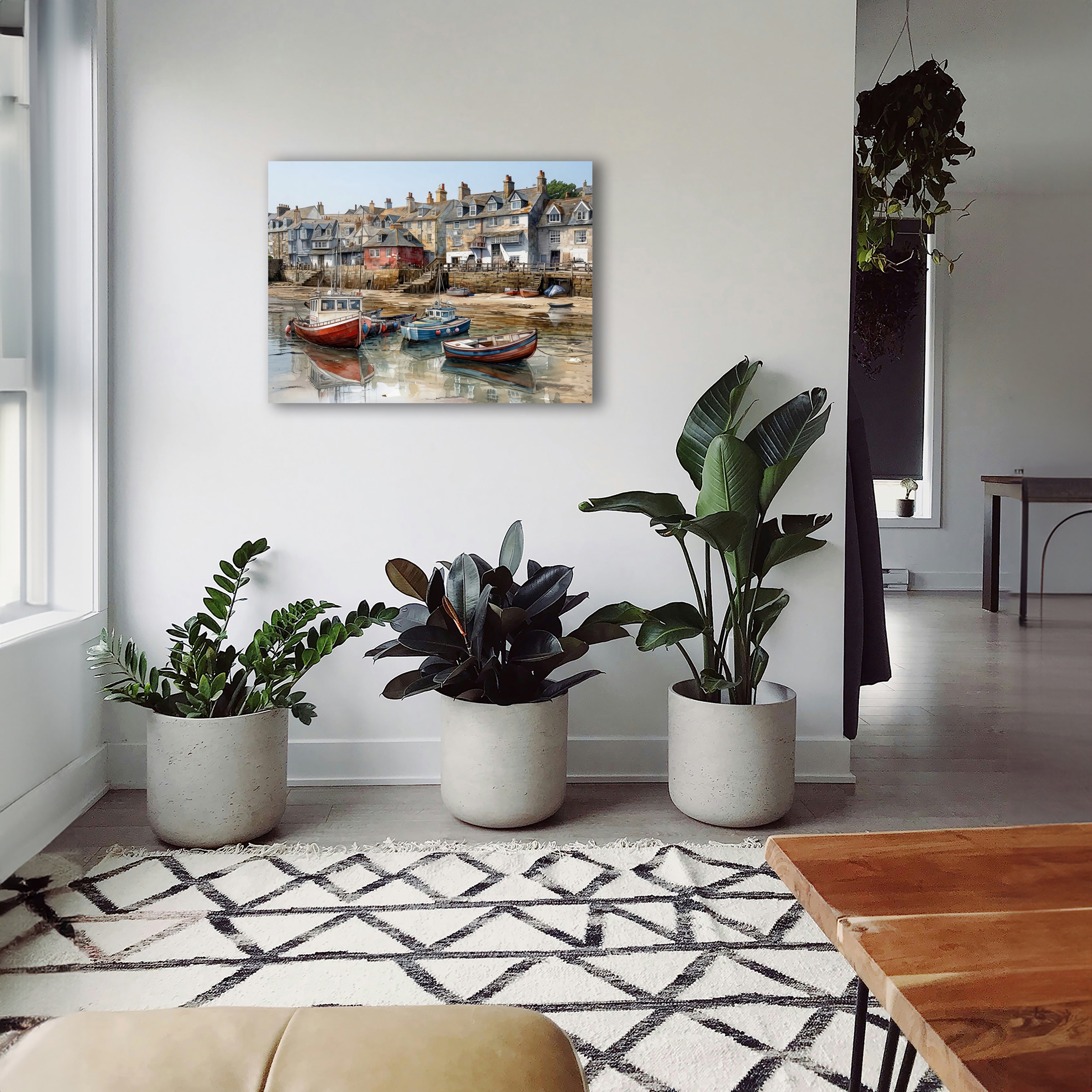 Wandbild Fischerboot Hafen Aquarell Ebbe Rotes Backsteinhaus Steintreppe Sandgrund Kunstdruck auf Leinwand