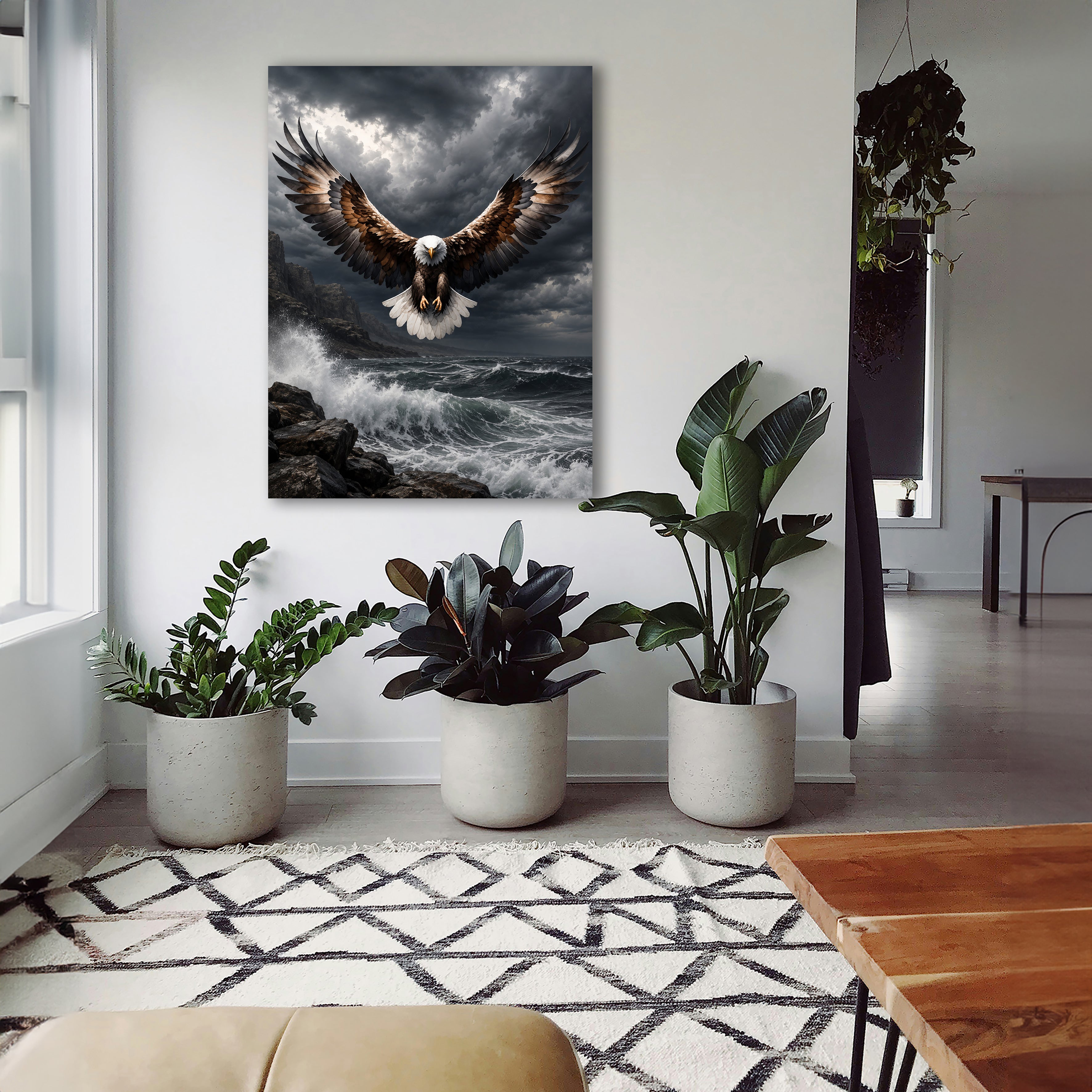 Wandbild Adler Frontalflug Sturmküste Felsen Brandung Kunstdruck auf Leinwand