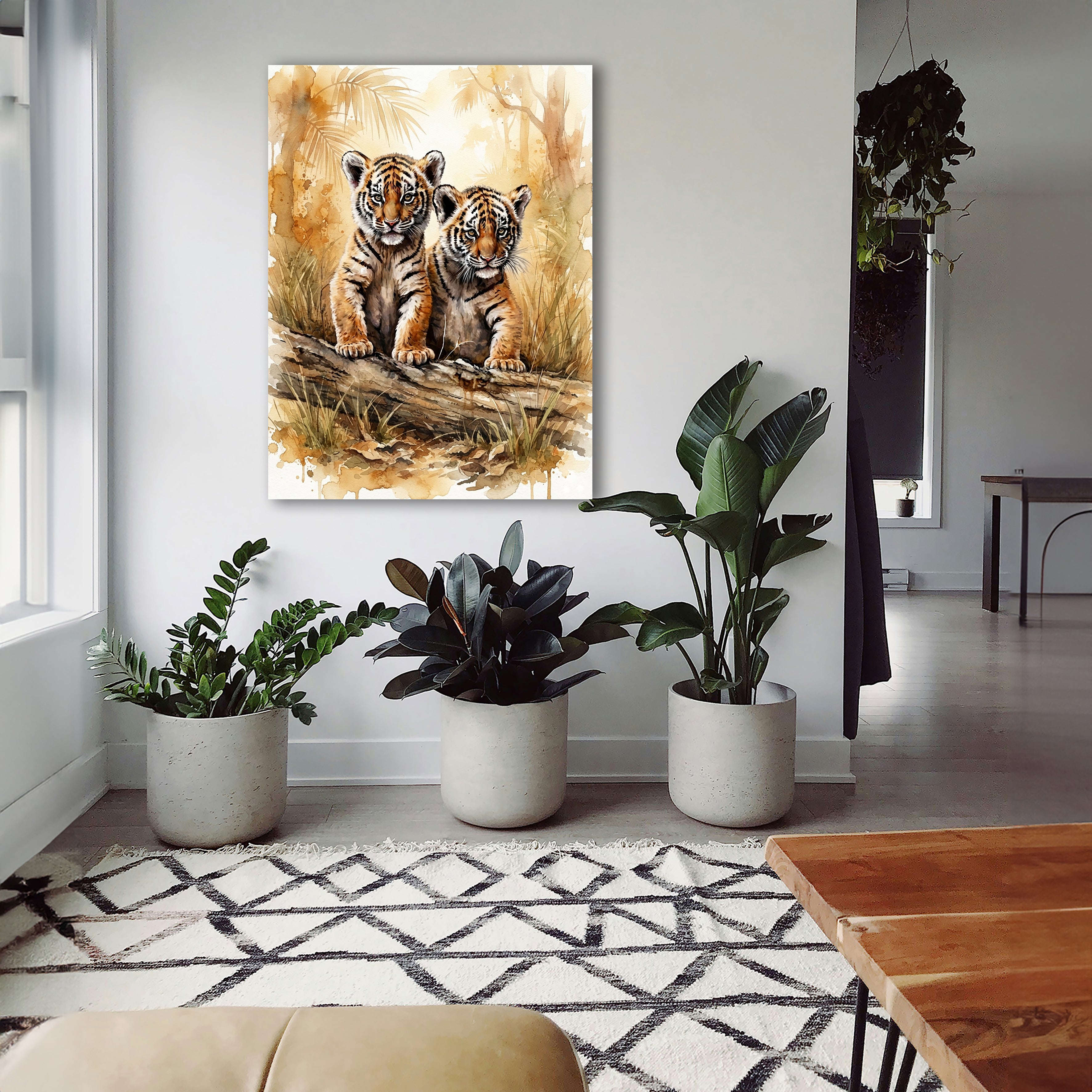 Wandbild Tiger Zwei Junge Baumstamm Aquarell Kunstdruck auf Leinwand