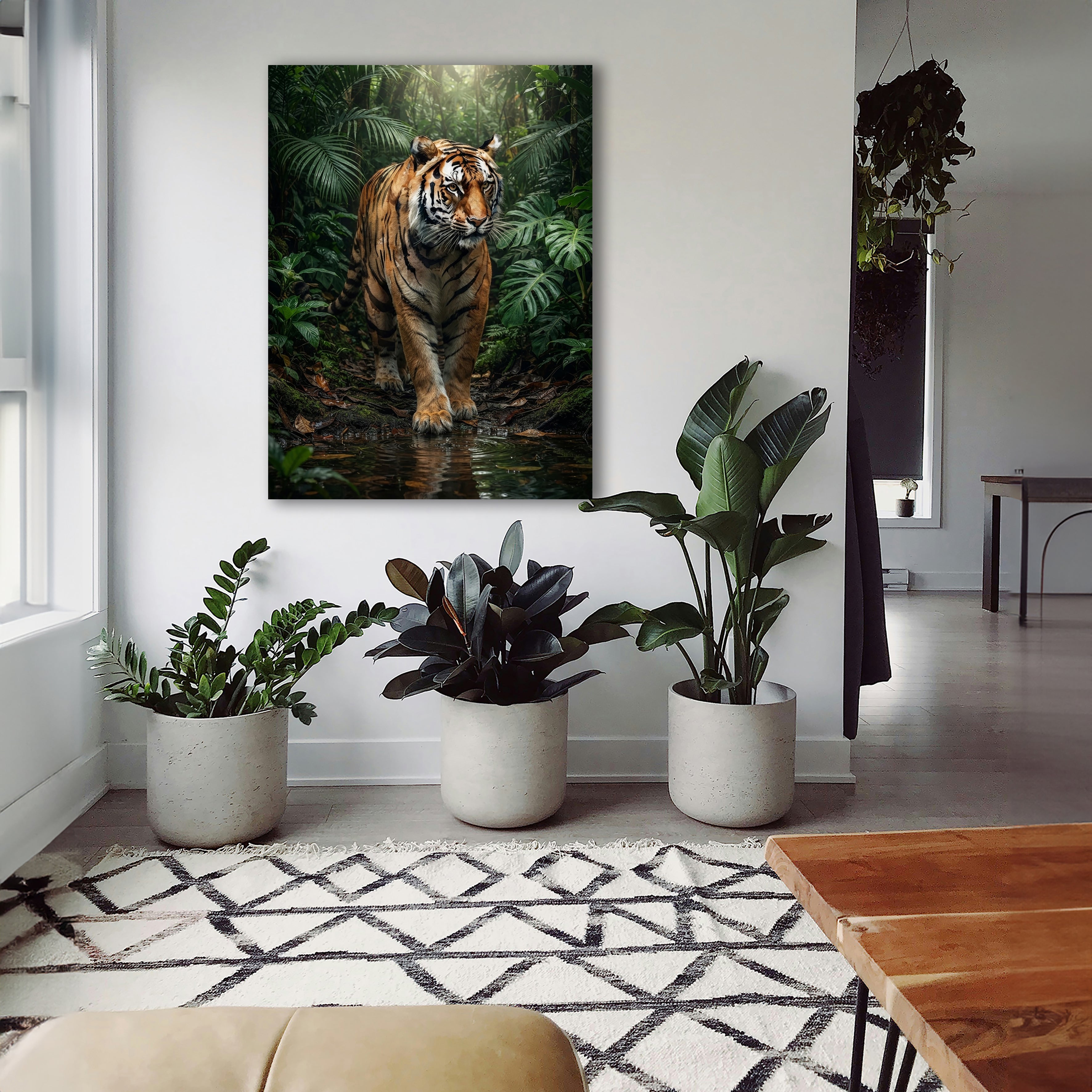 Wandbild Tiger Regenwald Frontal Wasserpfütze Dschungel Kunstdruck auf Leinwand